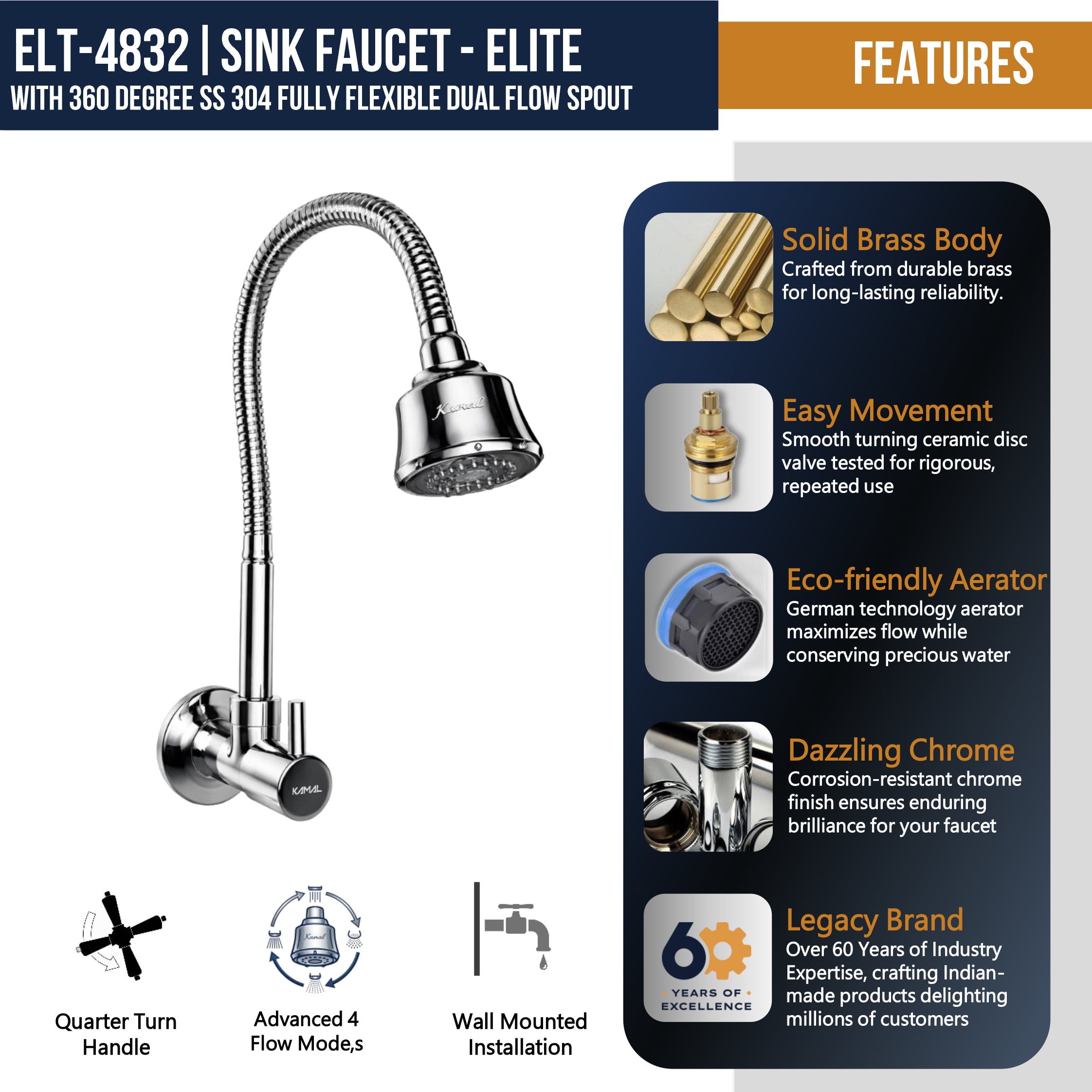 Kamal Elite sink spray tab in brass and stainless steel with a sleek design, ideal for kitchen sink fixtures.