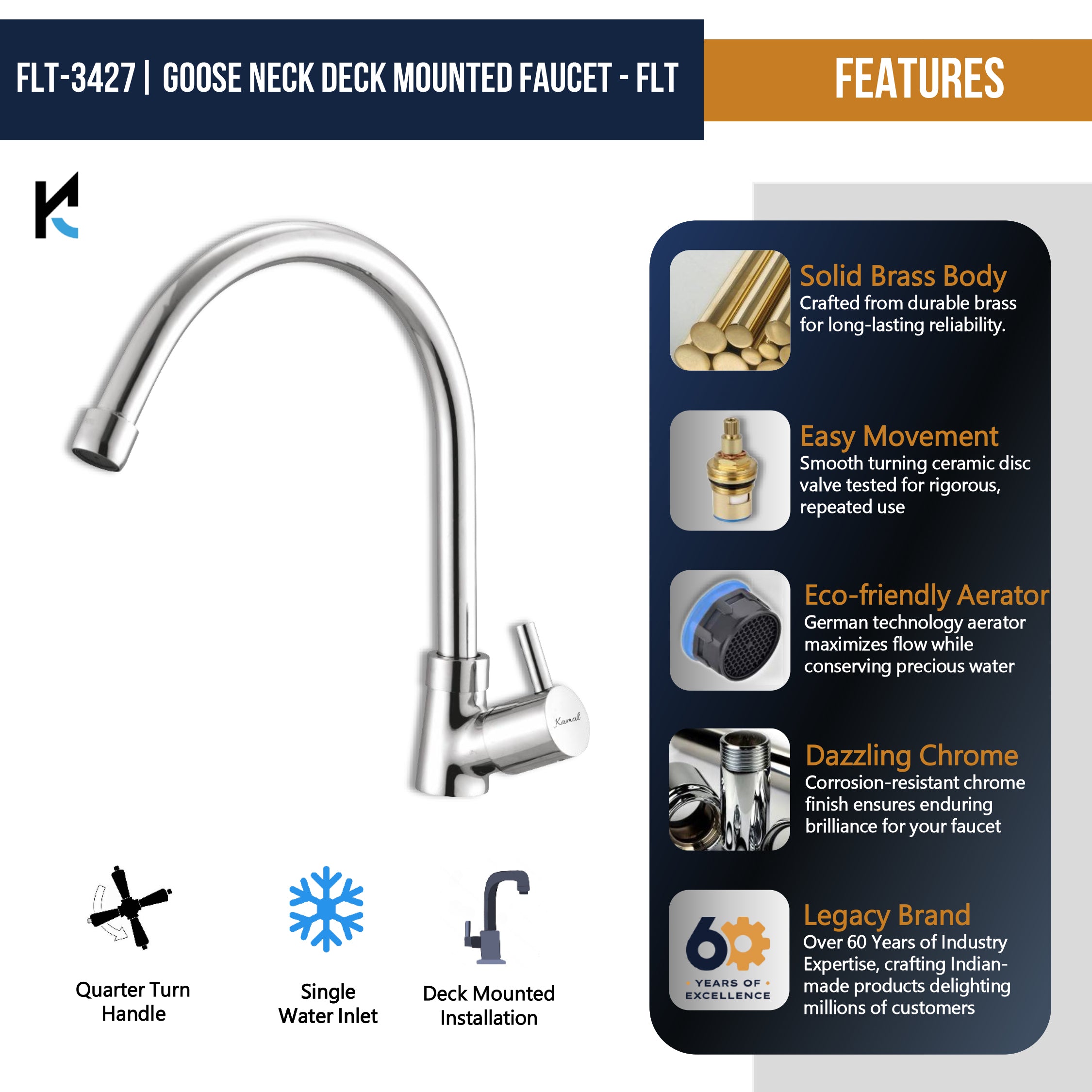 FLT C-Bend Spout Gosseneck Sink Faucet (Full Brass) - by Kamal - Kamal Bathware