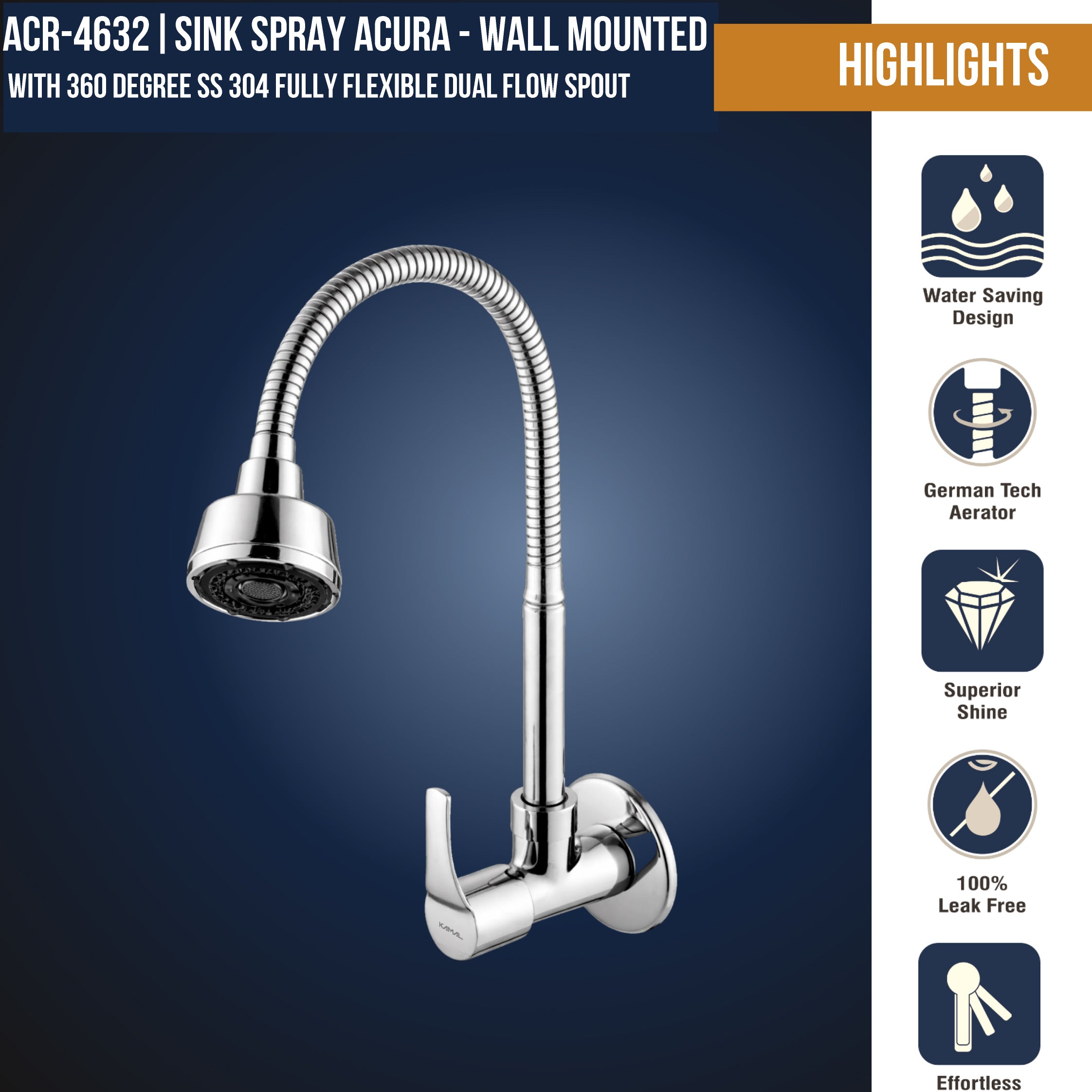 Acura sink spray tap by Kamal with brass and stainless steel flexible spout, shown with detailed metal finish and modern design.
