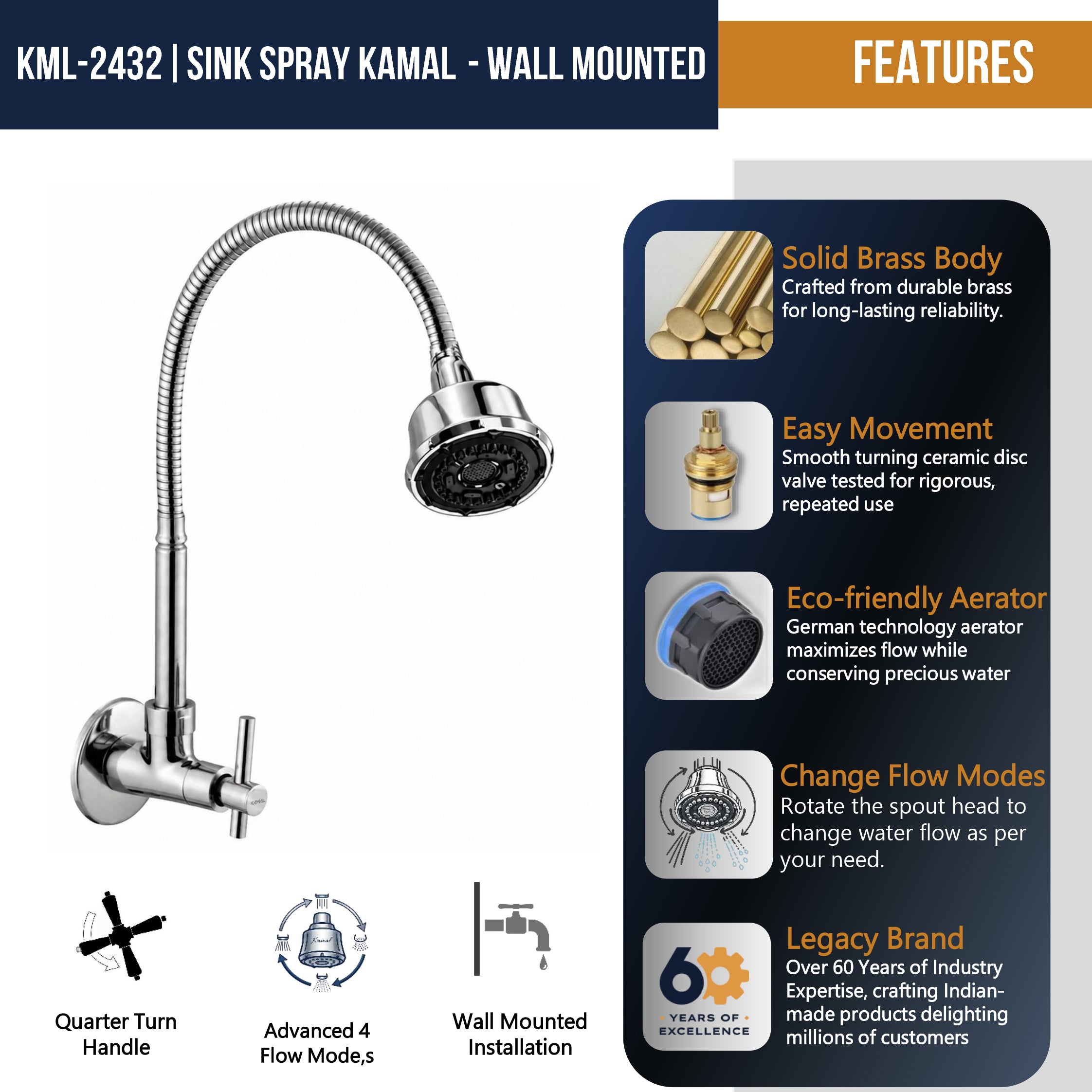 Tarim Dual Flow Wall Mounted Sink Tap - by Kamal
