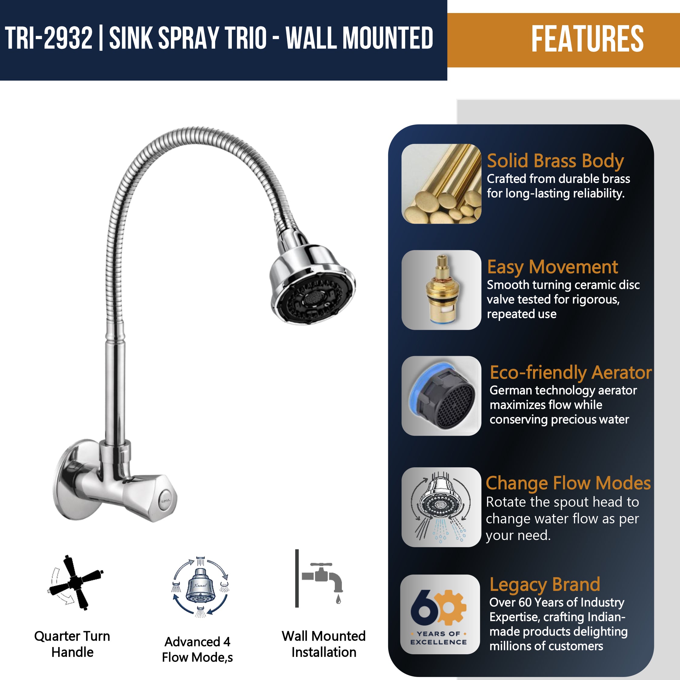 Trio Dual Flow Wall Mounted Sink Tap - by Kamal
