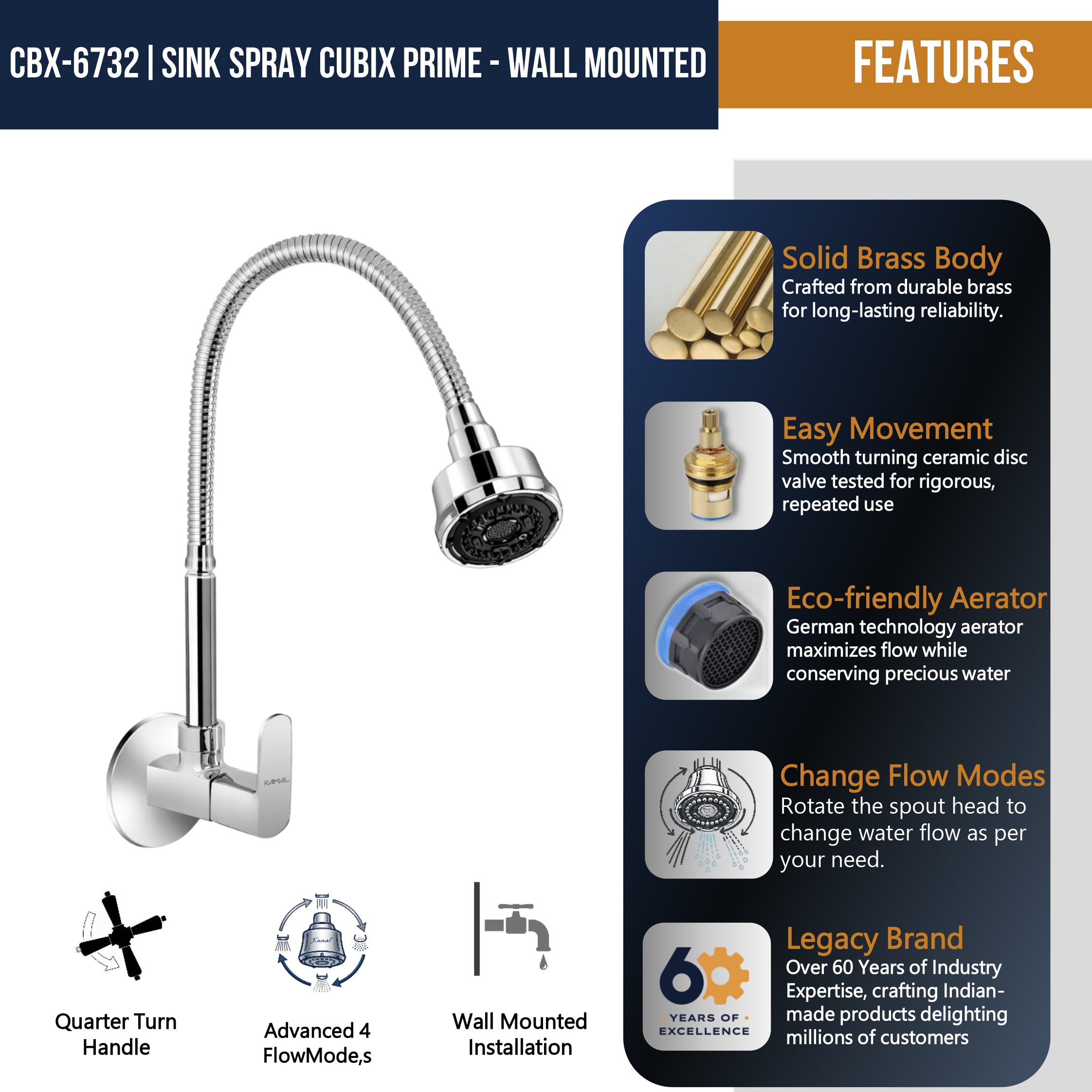 Kamal Cubix Prime sink spray tap in brass and stainless steel with sleek modern design and dual spray functionality.