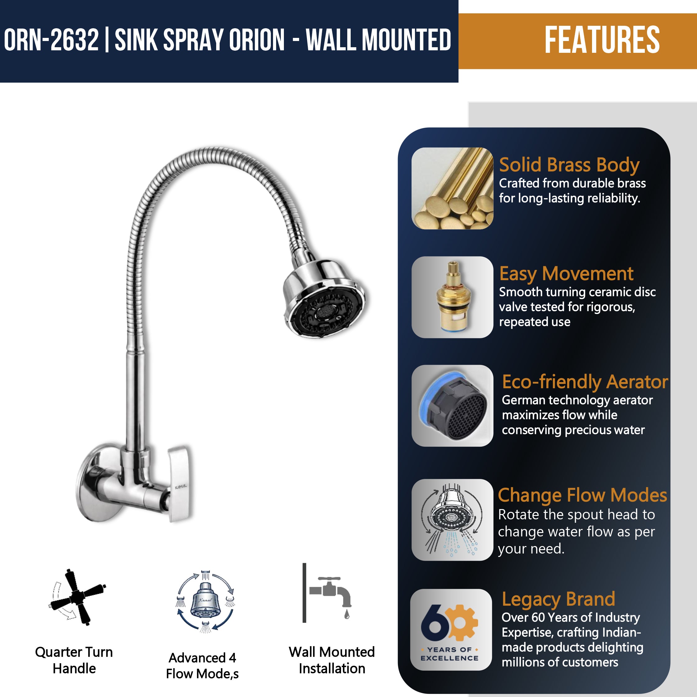Orion Dual Flow Wall Mounted Sink Tap - by Kamal