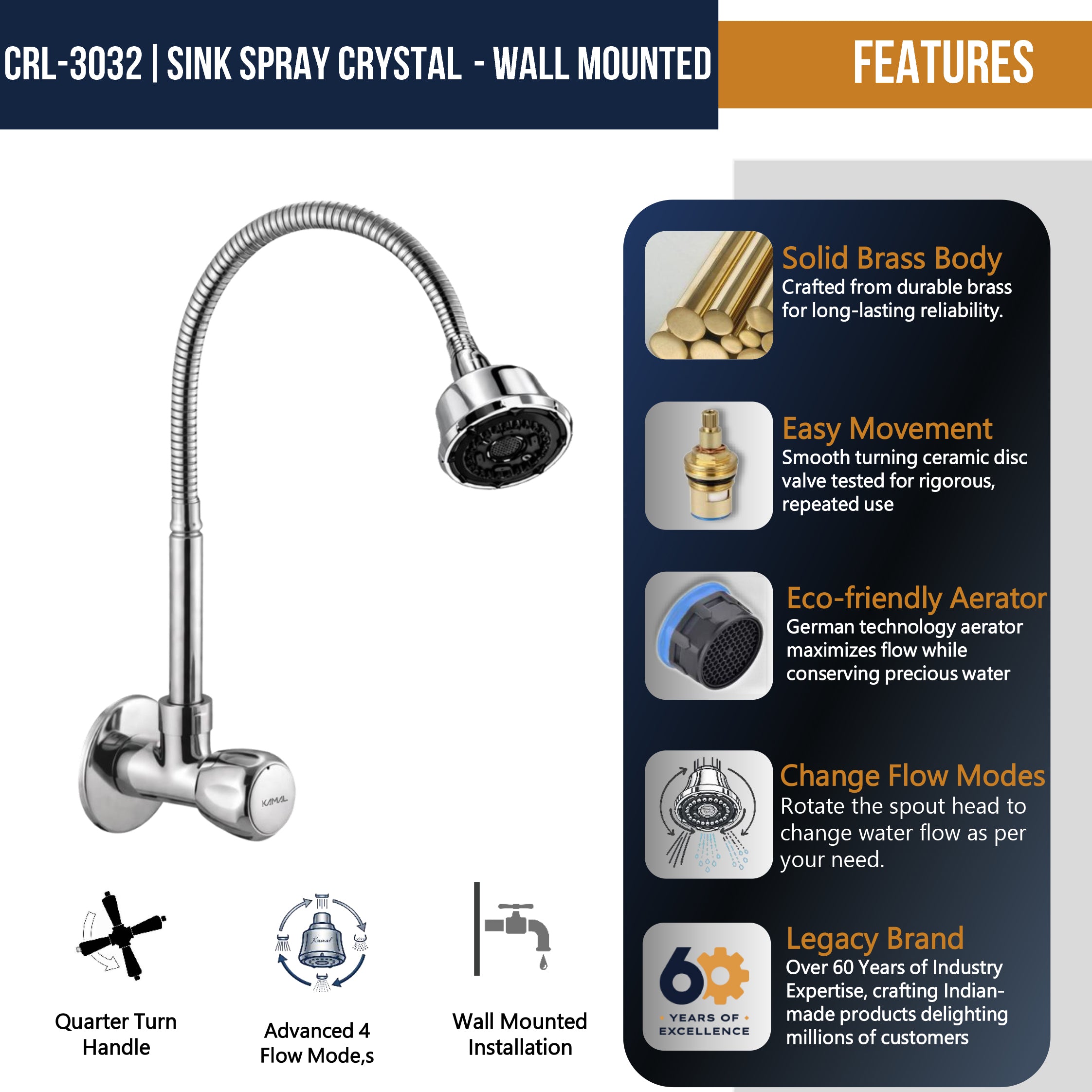 Crystal Dual Flow Wall Mounted Sink Tap - by Kamal