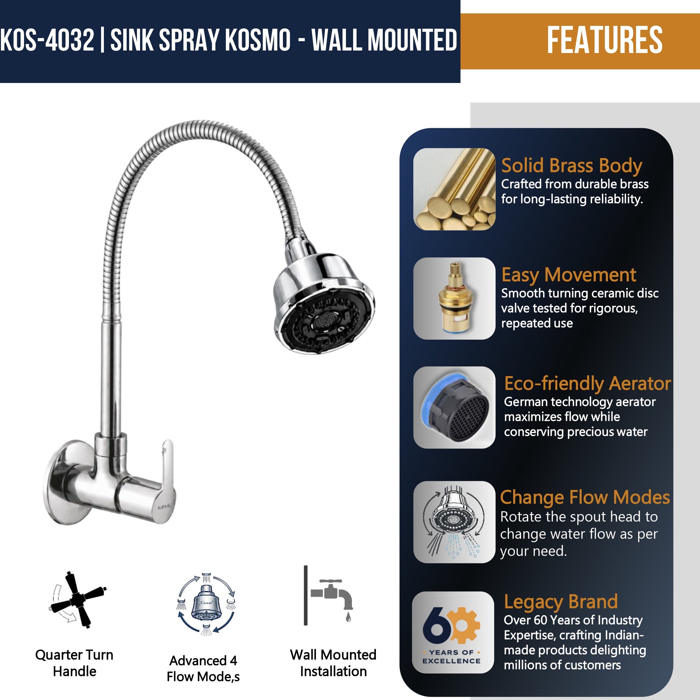 Kosmo Dual Flow Heavy Brass Body Sink Tap - by Kamal