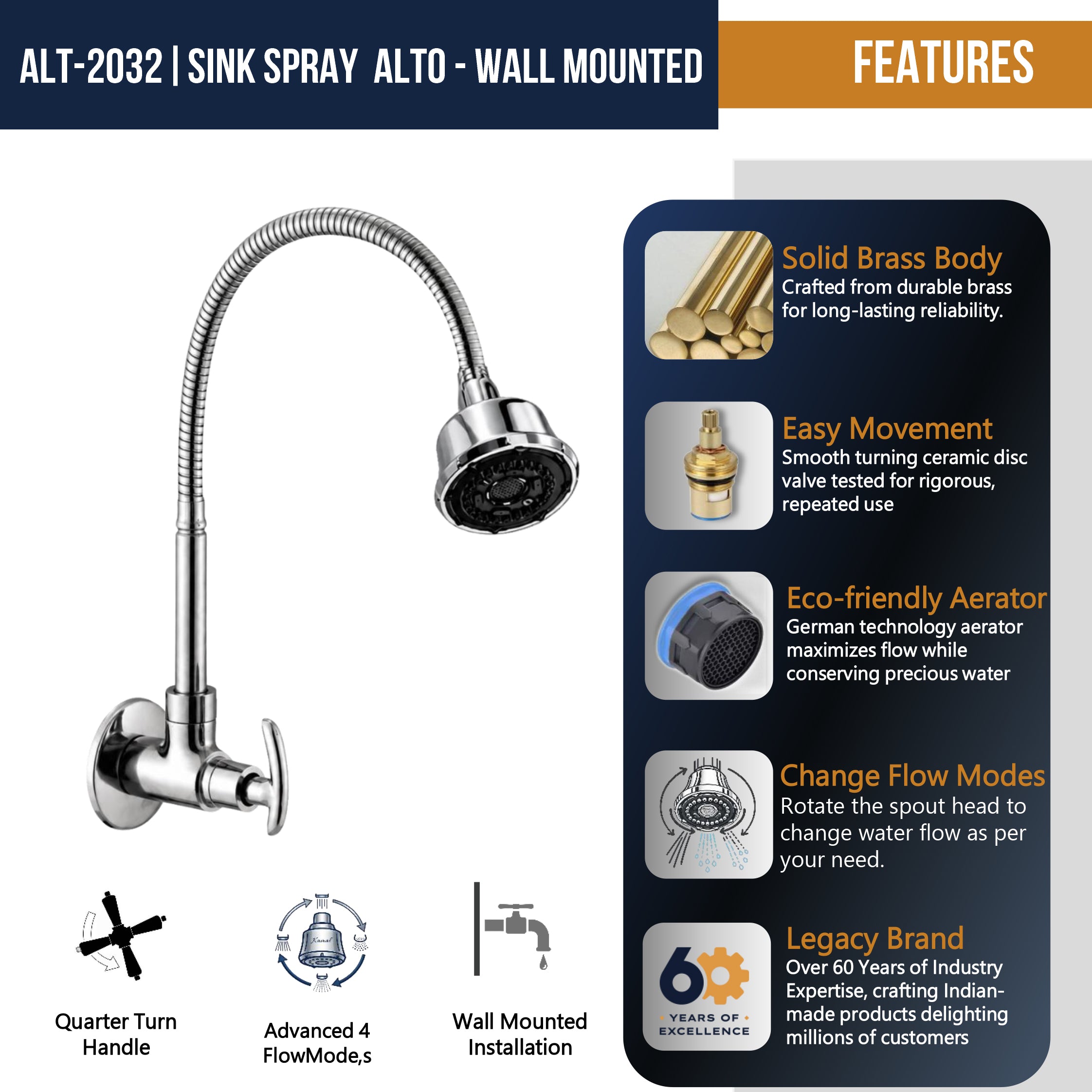 Alto Dual Flow Wall Mounted Sink Tap - by Kamal
