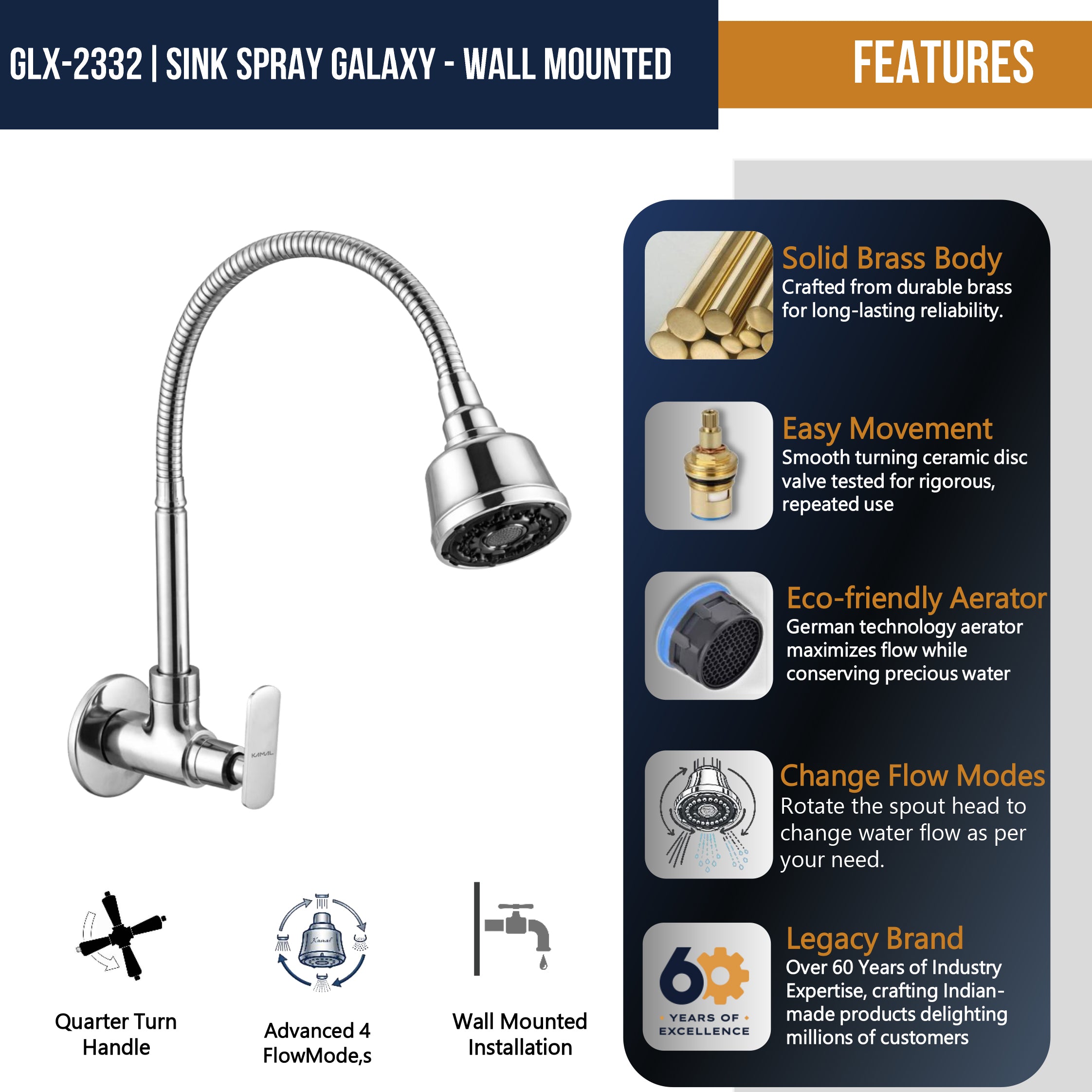Galaxy Dual Flow Wall Mounted Sink Tap - by Kamal