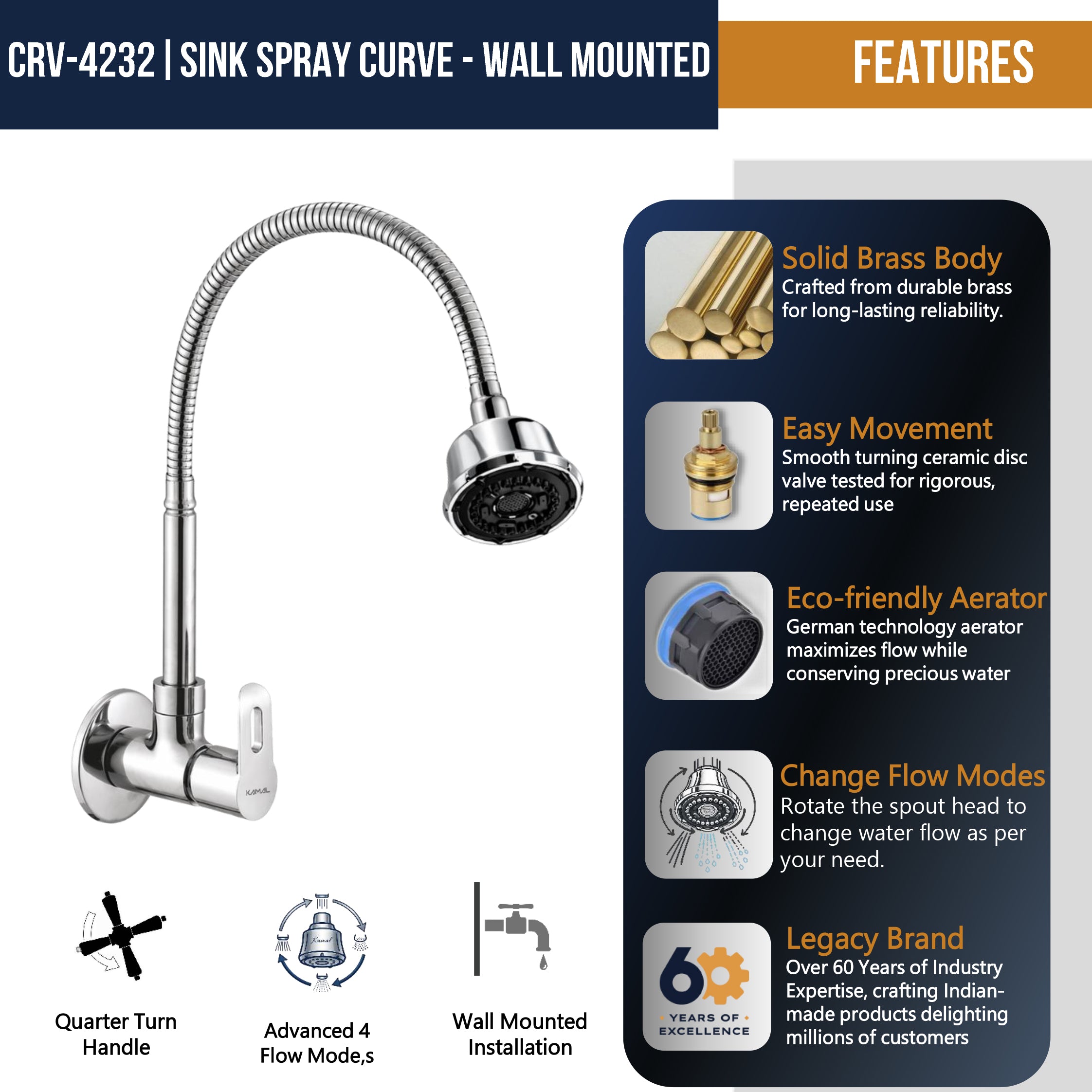 Curve Dual Flow Heavy Brass Body Sink Tap - by Kamal