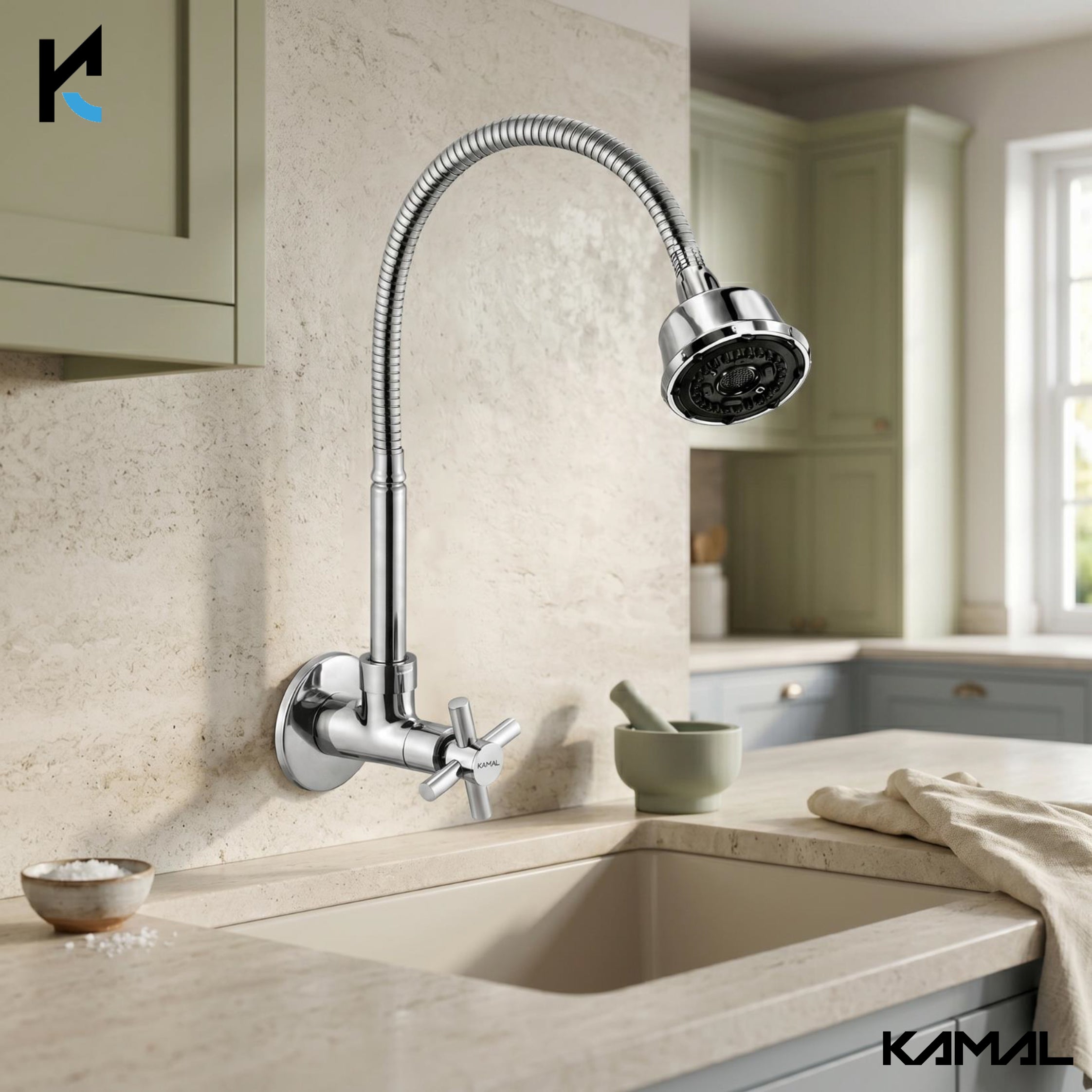 Cross Dual Flow Wall Mounted Sink Tap - by Kamal