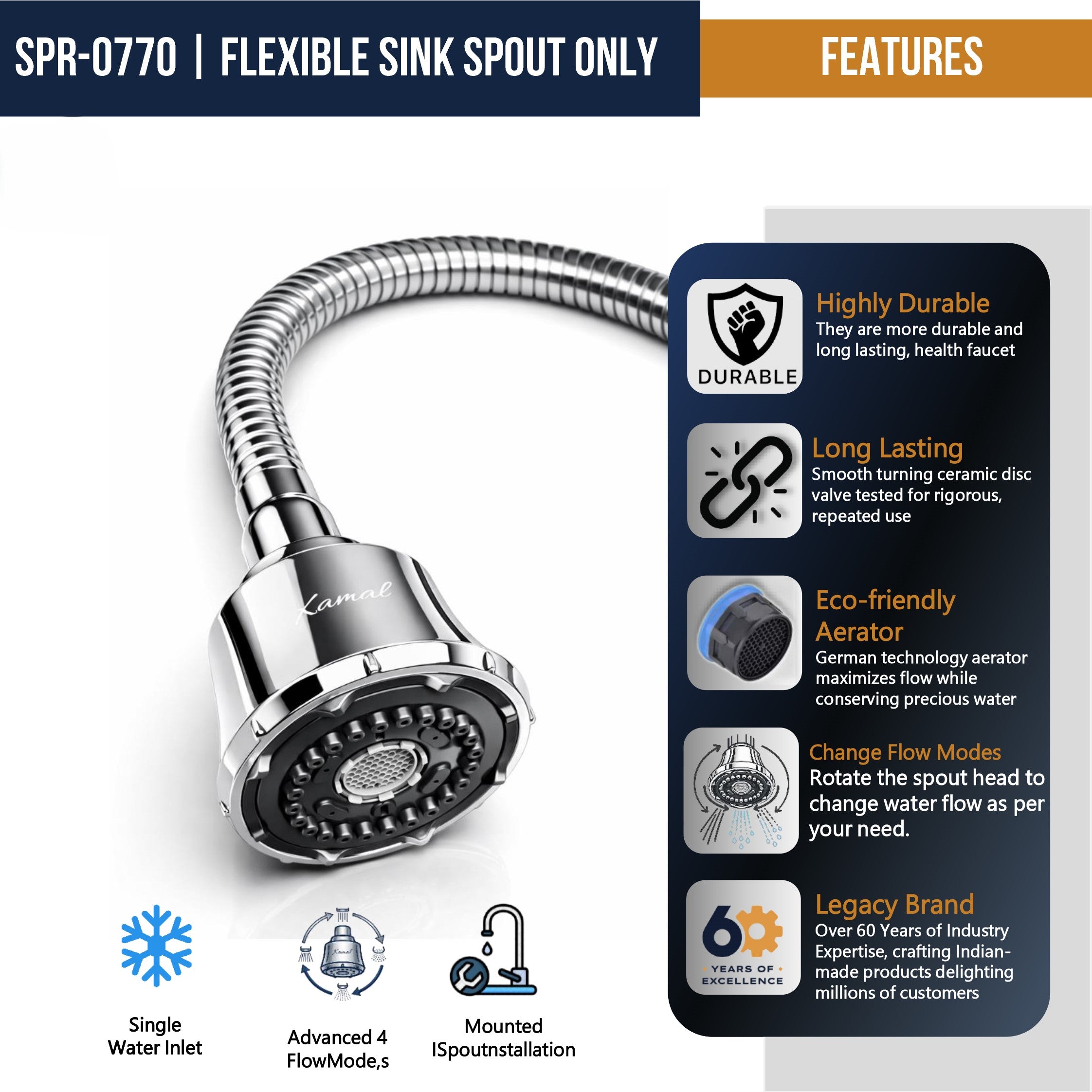 Kamal Dixy Flexible Sink Spray with adjustable hose and chrome finish, mounted on a kitchen sink for versatile cleaning.