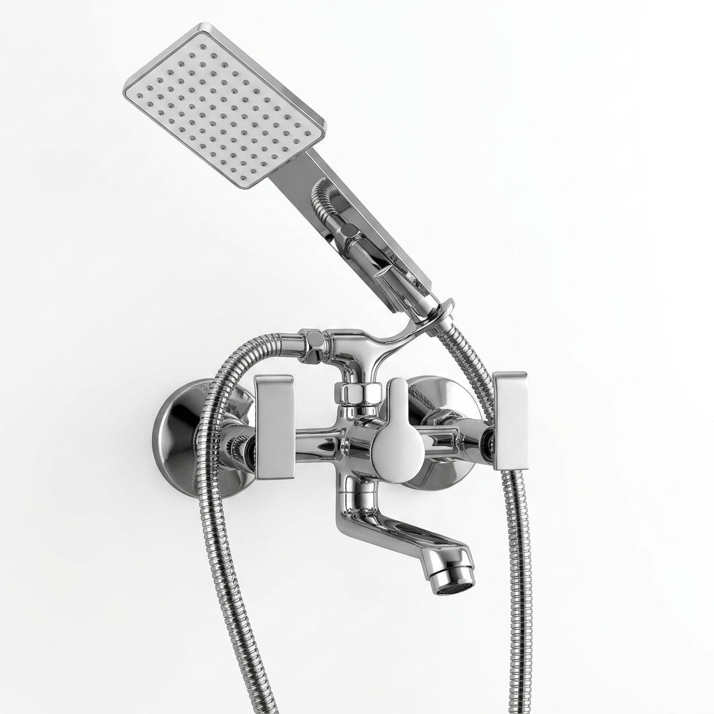 Orion wall mixer with 3-function hand shower in full brass by Kamal, mounted on bathroom wall with modern fixtures.
