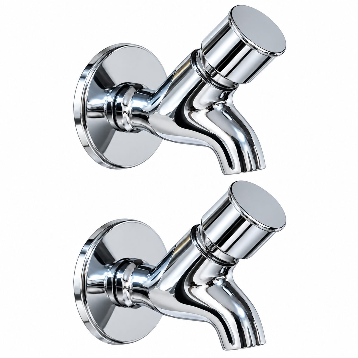 Twin chrome wall-mounted brass faucets by Kamal, featuring sleek design and durable build for modern bathroom or kitchen use.