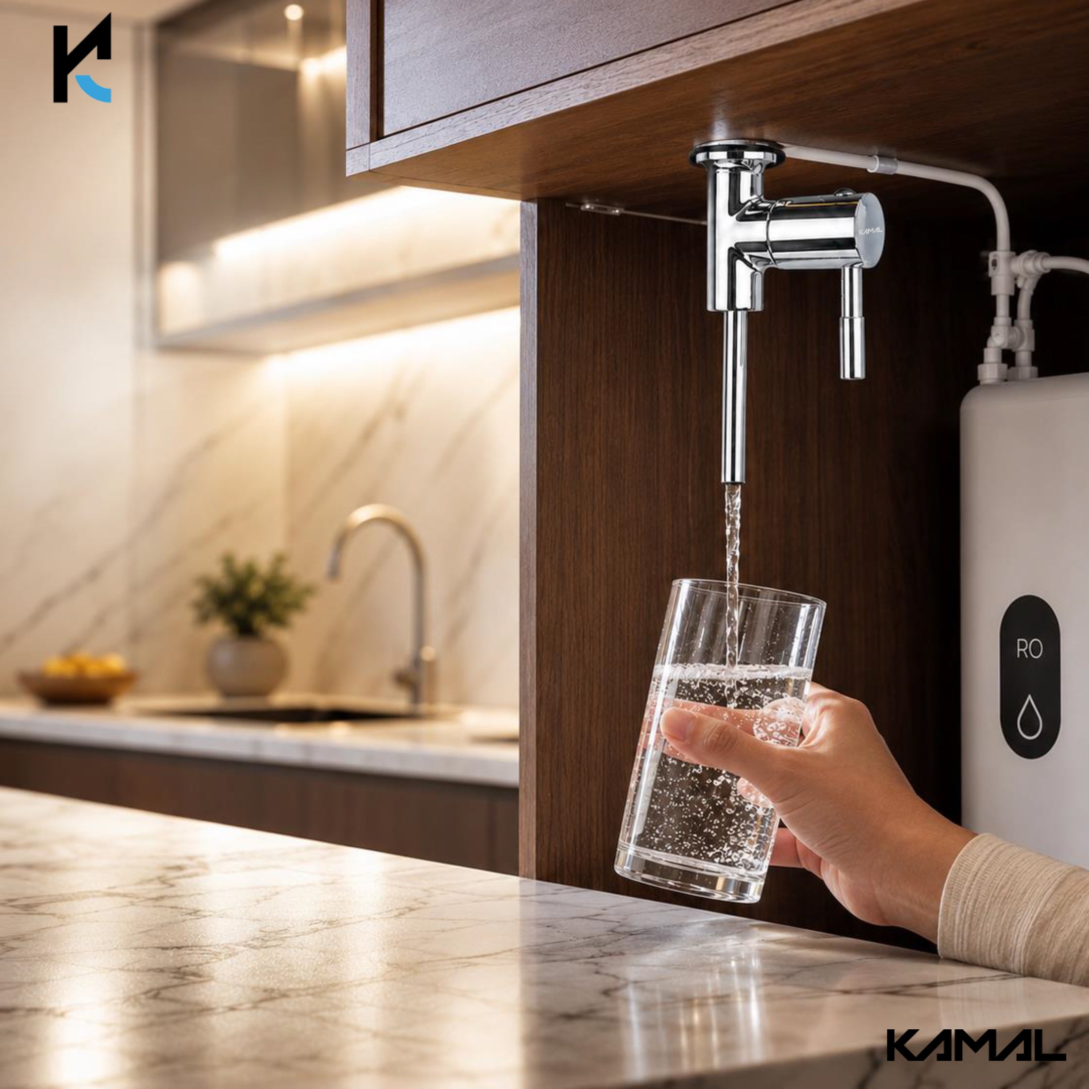 KAMAL Full Brass Cabinet RO Water Purifier Faucet | Mirror Chrome Finish | Under Cabinet Vessel Installation Design with No Door Opening Required | Heavy Duty Deck Mounted Modular Kitchen Systems