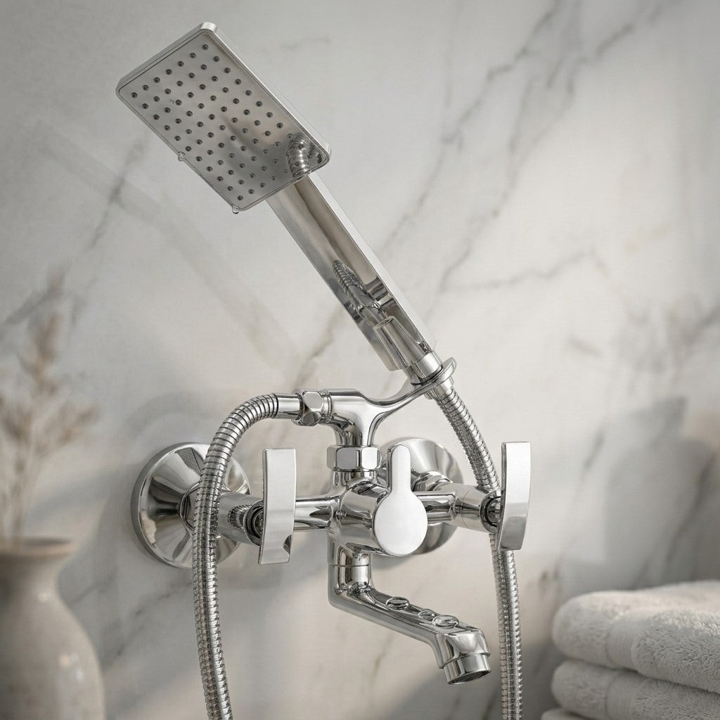 Vista Telephonic Wall Mixer with Crutch and Hand Shower in full brass by Kamal, mounted on bathroom wall.