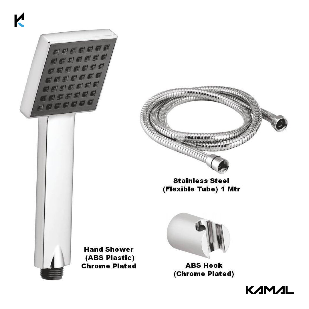 Ace ABS Hand Shower (Metallic Silver with Grey Face) With SS Flexible Tube 1.5 Mtr (150cm) & Wall Hook - by kamal - Ace - Kamal Bathware