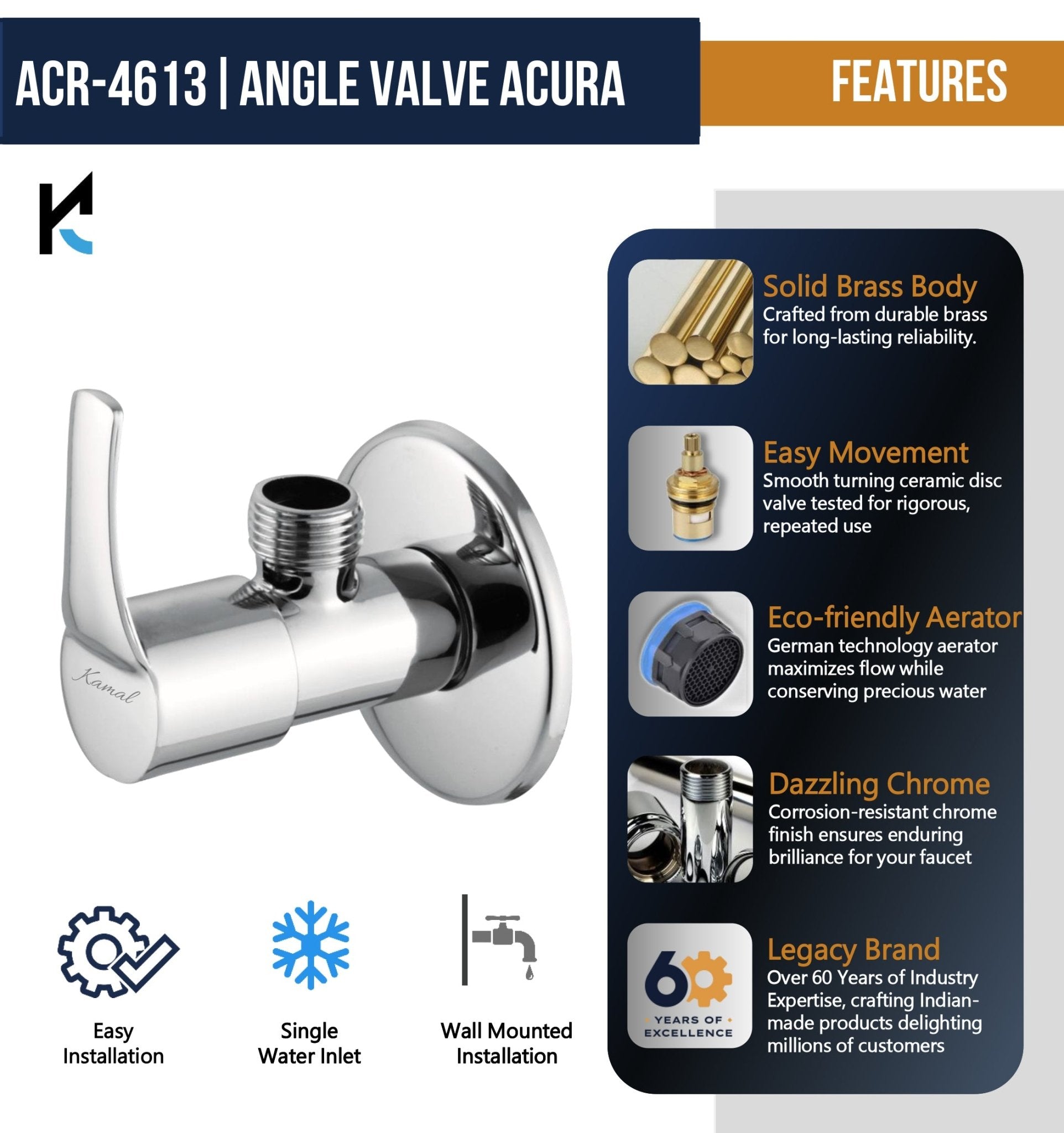 Acura Angle Valve (Full Brass) - by Kamal - Acura - Kamal Bathware