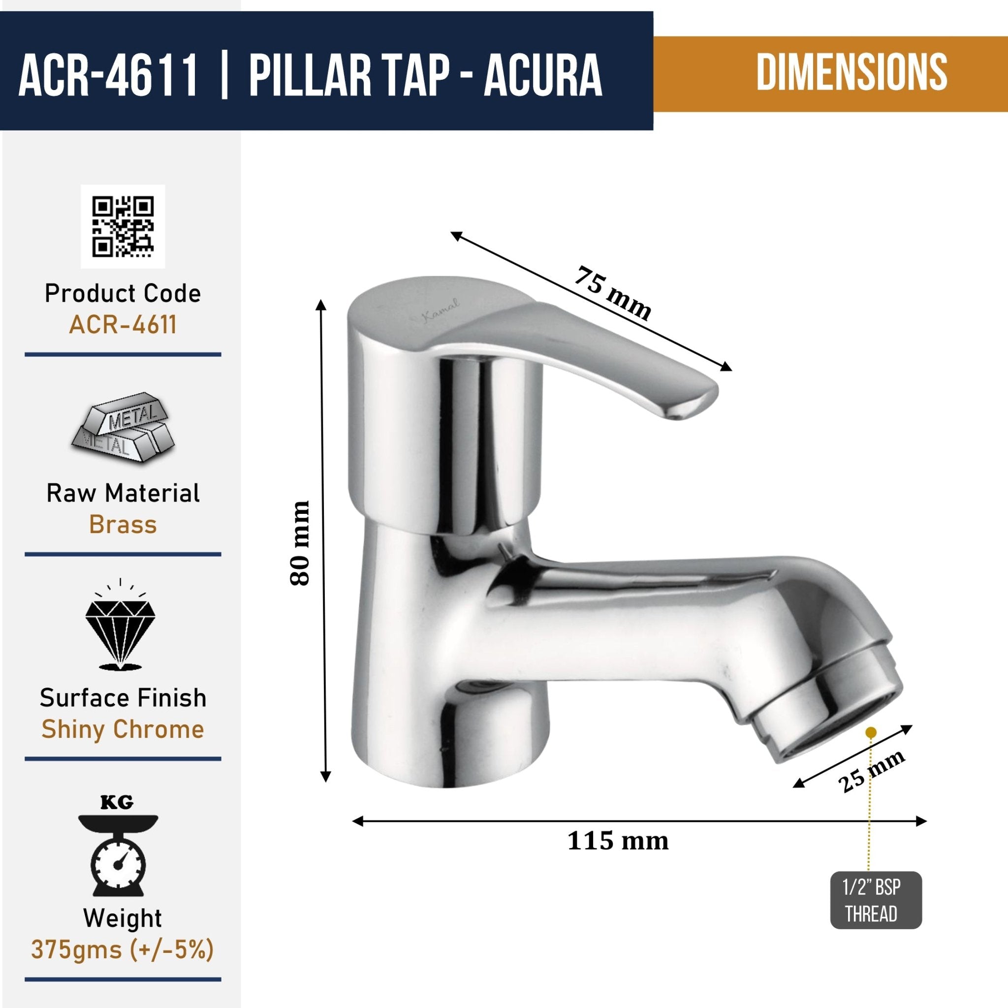 Acura Brass Pillar Tap (Full Brass) - by Kamal - Kamal Bathware