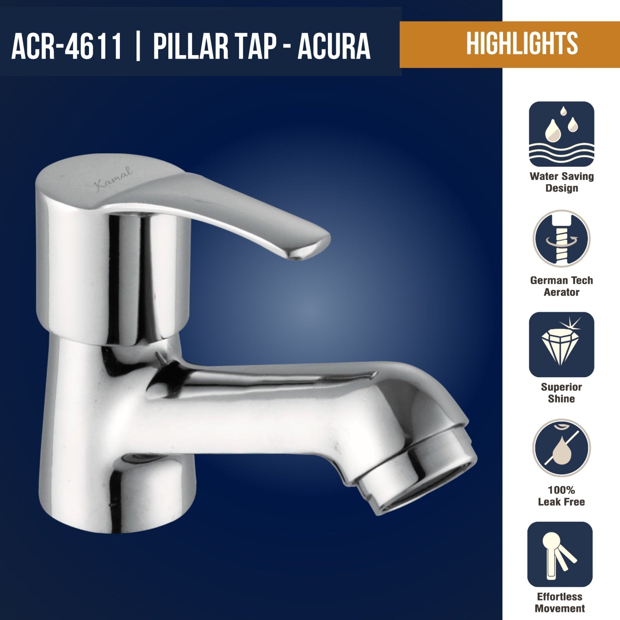 Acura Brass Pillar Tap (Full Brass) - by Kamal - Kamal Bathware