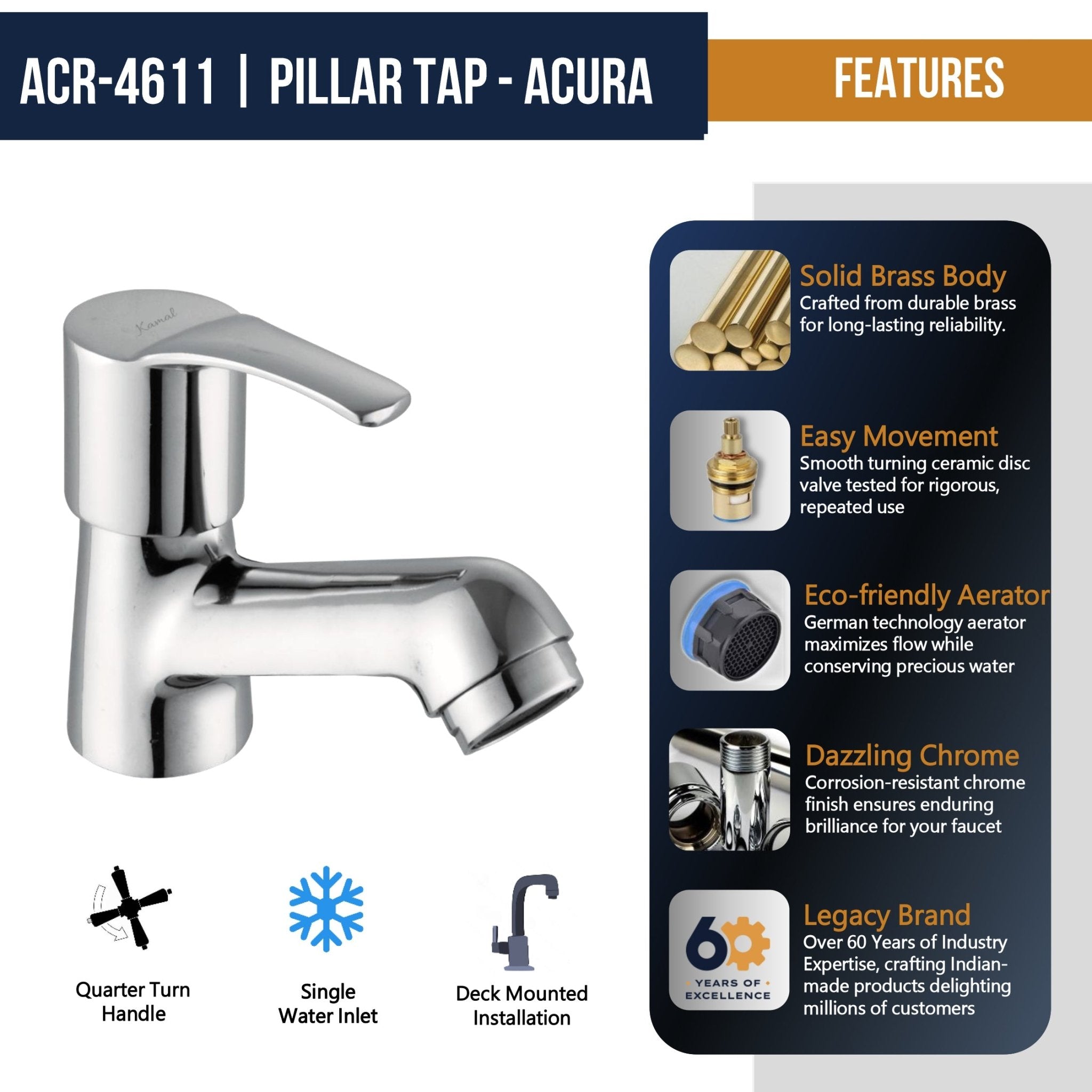 Acura Brass Pillar Tap (Full Brass) - by Kamal - Kamal Bathware