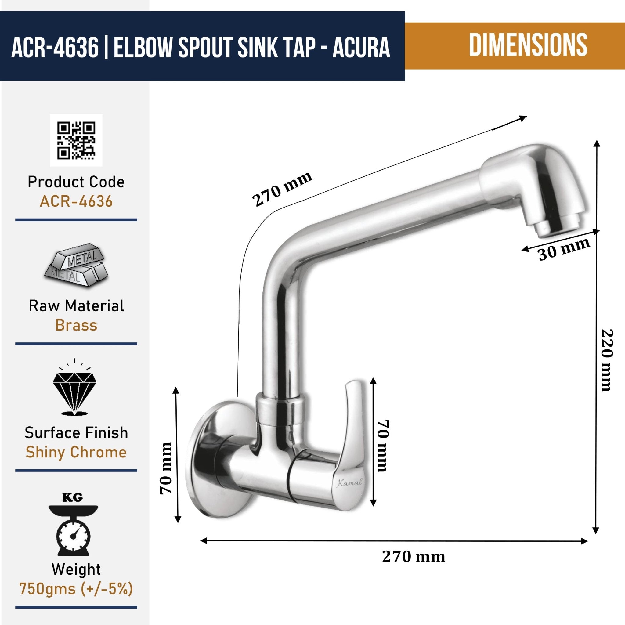 Acura Sink Tap Elbow Spout (Full Brass) - by Kamal - Acura - Kamal Bathware