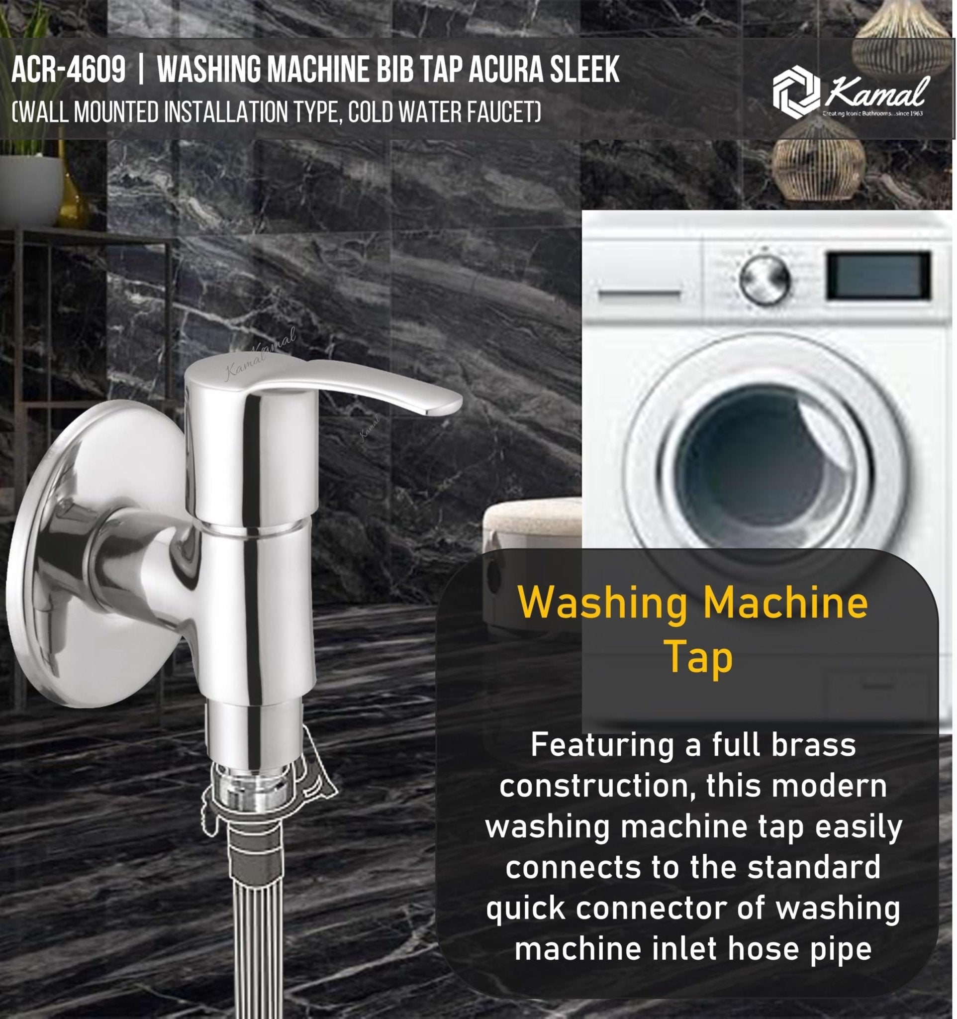 Acura Sleek Washing Machine Bib Tap (Full Brass) - by Kamal - Kamal Bathware