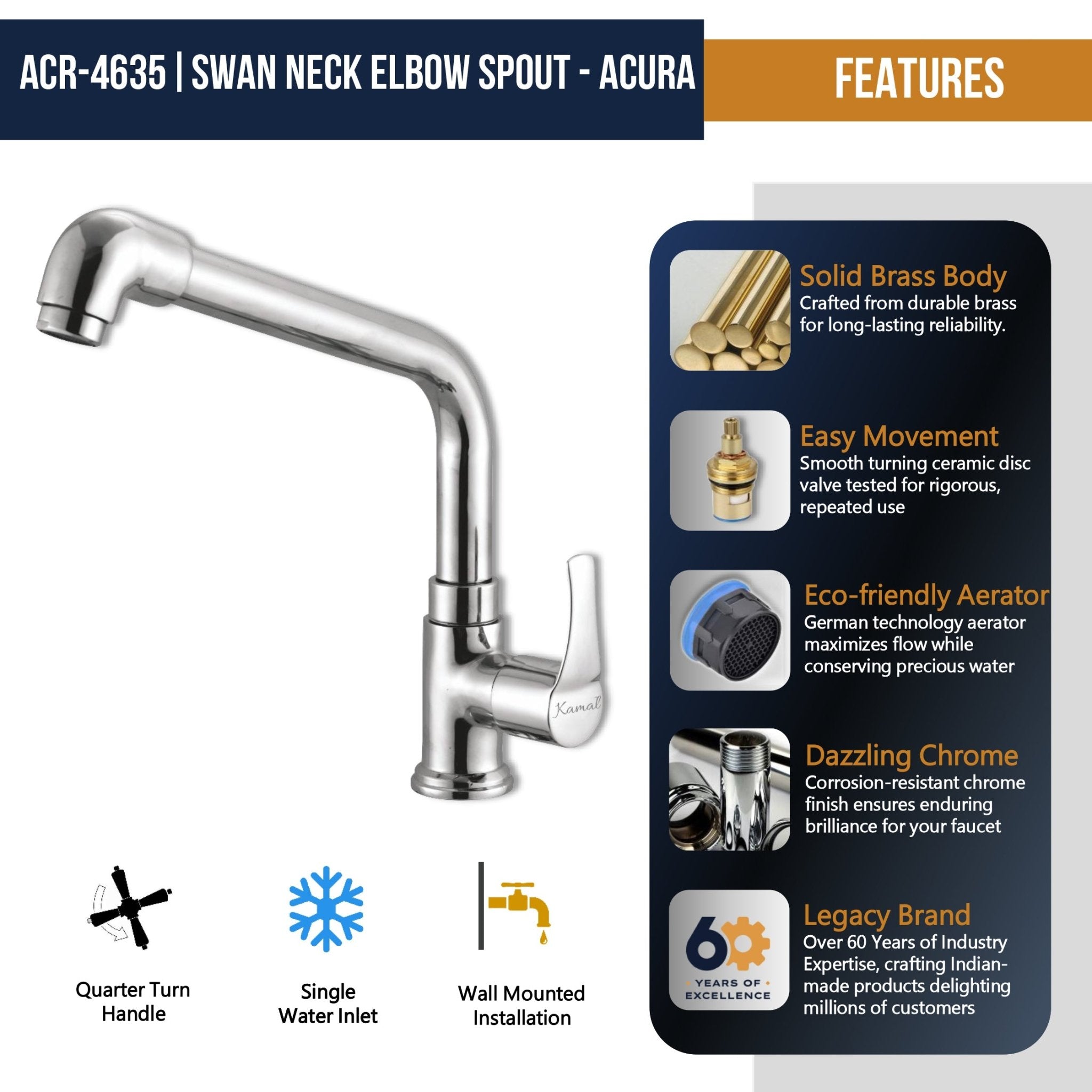 Acura Swan Neck Elbow Spout (Full Brass) - by Kamal - Acura - Kamal Bathware