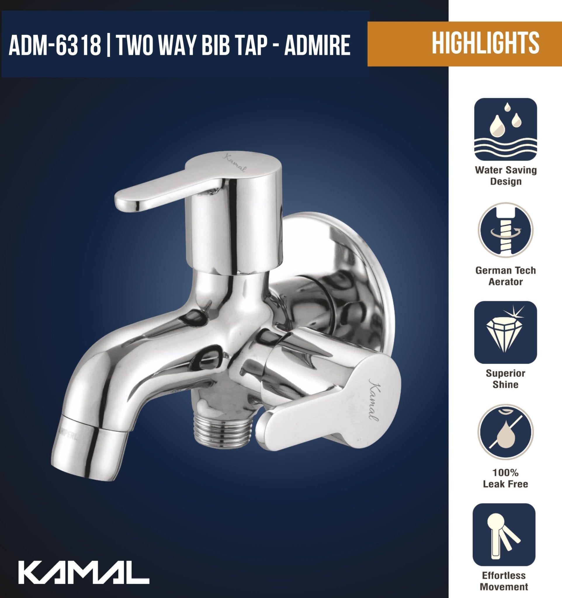 Admire Two in One Bib Tap (Full Brass) - by Kamal - Admire - Kamal Bathware