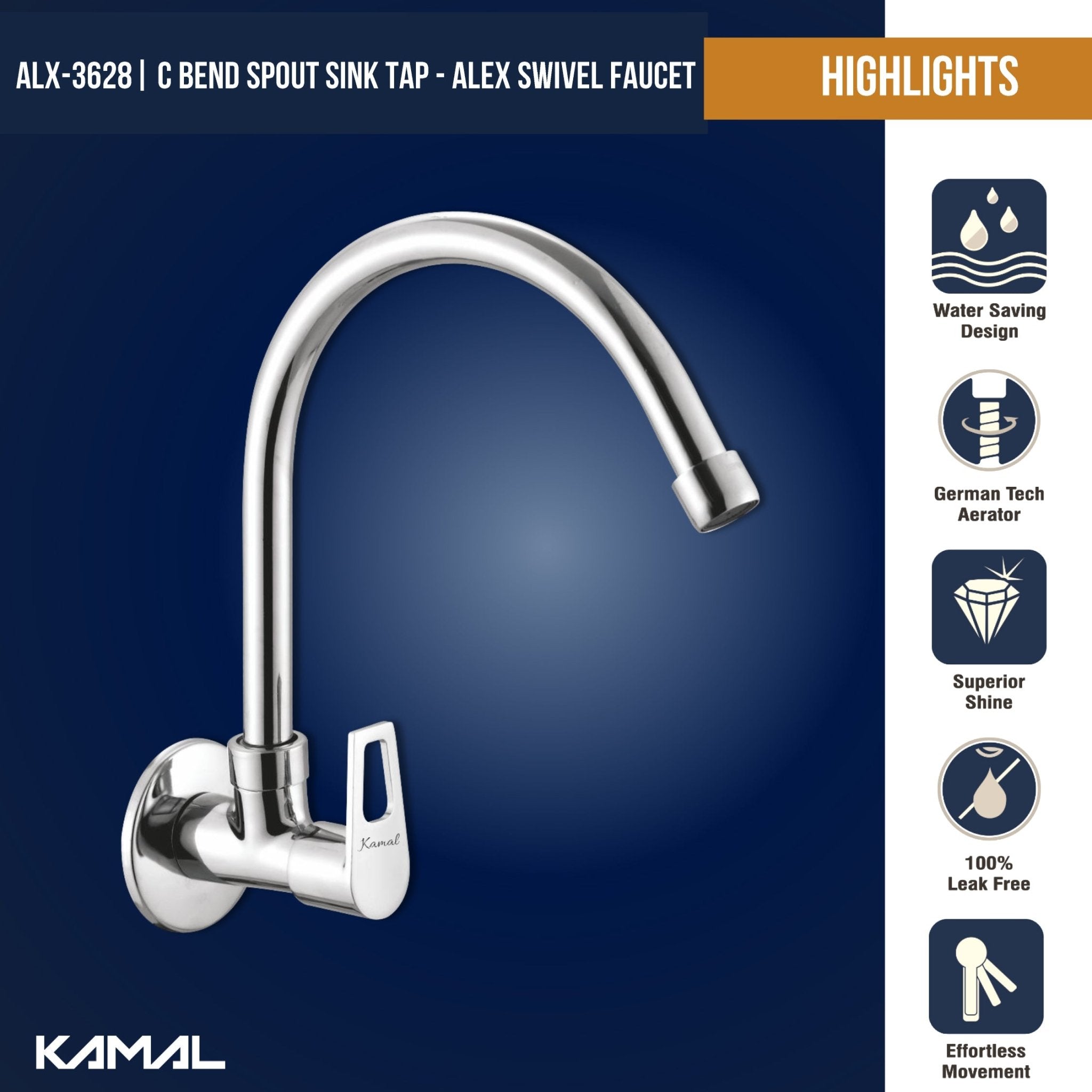 Alex Full Brass 180° Swivel Spout Gooseneck Faucet - by Kamal - Alex - Kamal Bathware