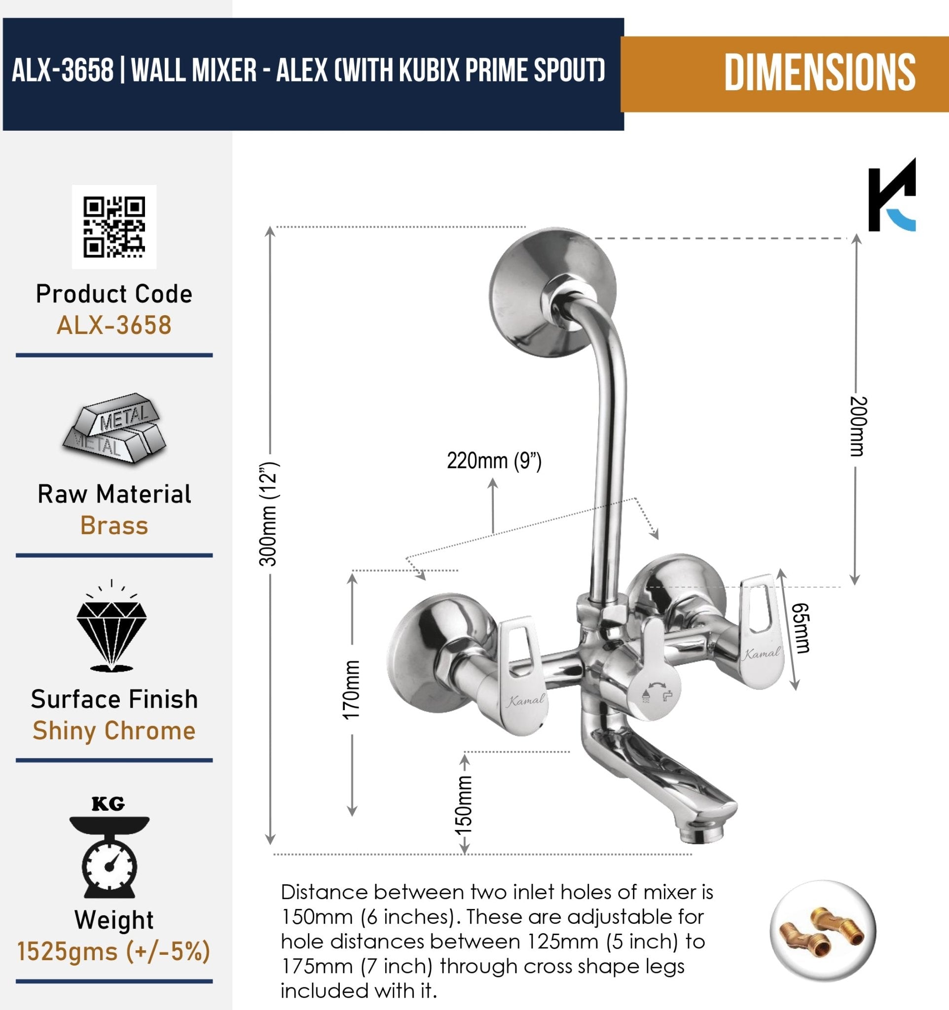 Alex Wall Mixer with L bend Pipe Kubix Prime Spout (Full Brass) - by Kamal - Alex - Kamal Bathware