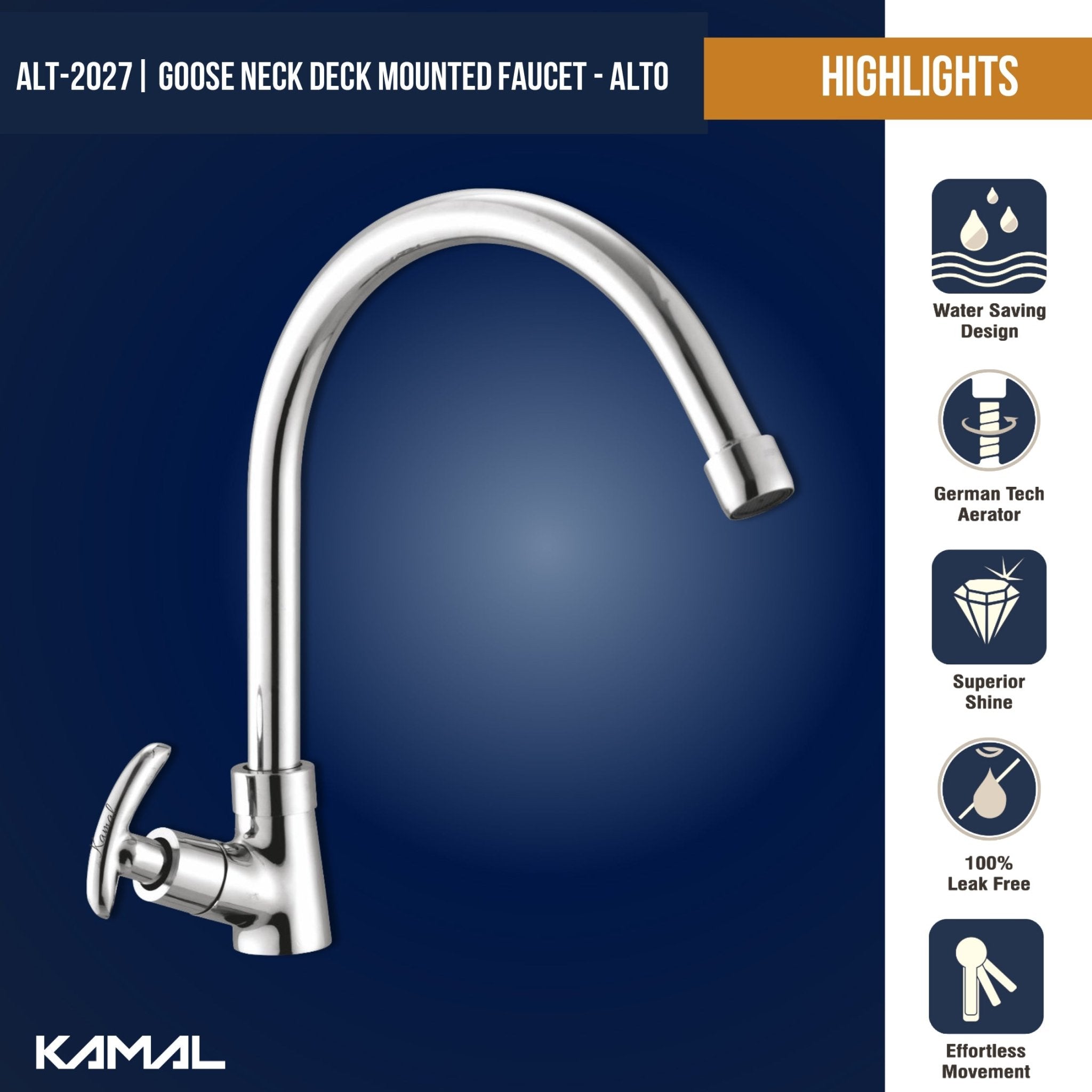Alto C - Bend Spout Gosseneck Sink Faucet (Full Brass) - by Kamal - Alto - Kamal Bathware