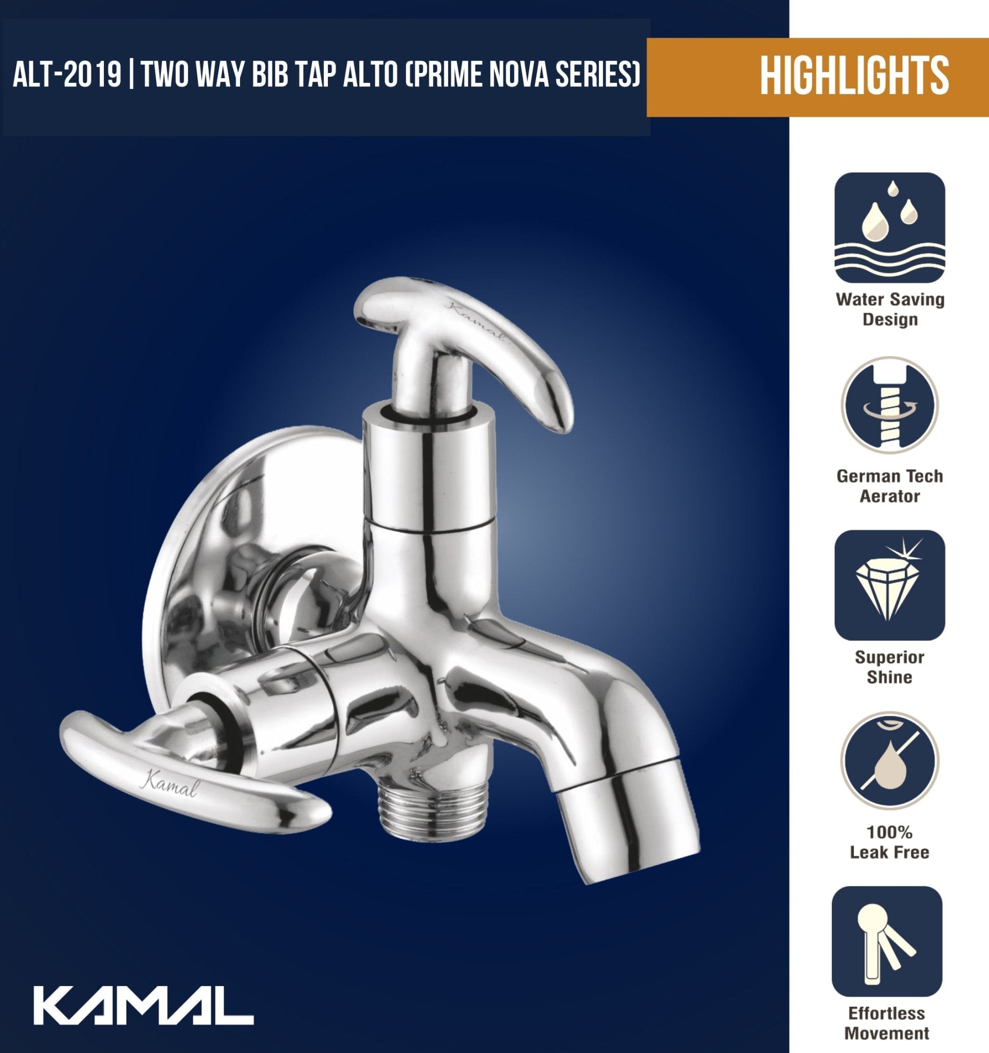 Alto Prime Nova Series Two Way Bib Tap (Full Brass) - by Kamal - Alto Prime Nova - Kamal Bathware