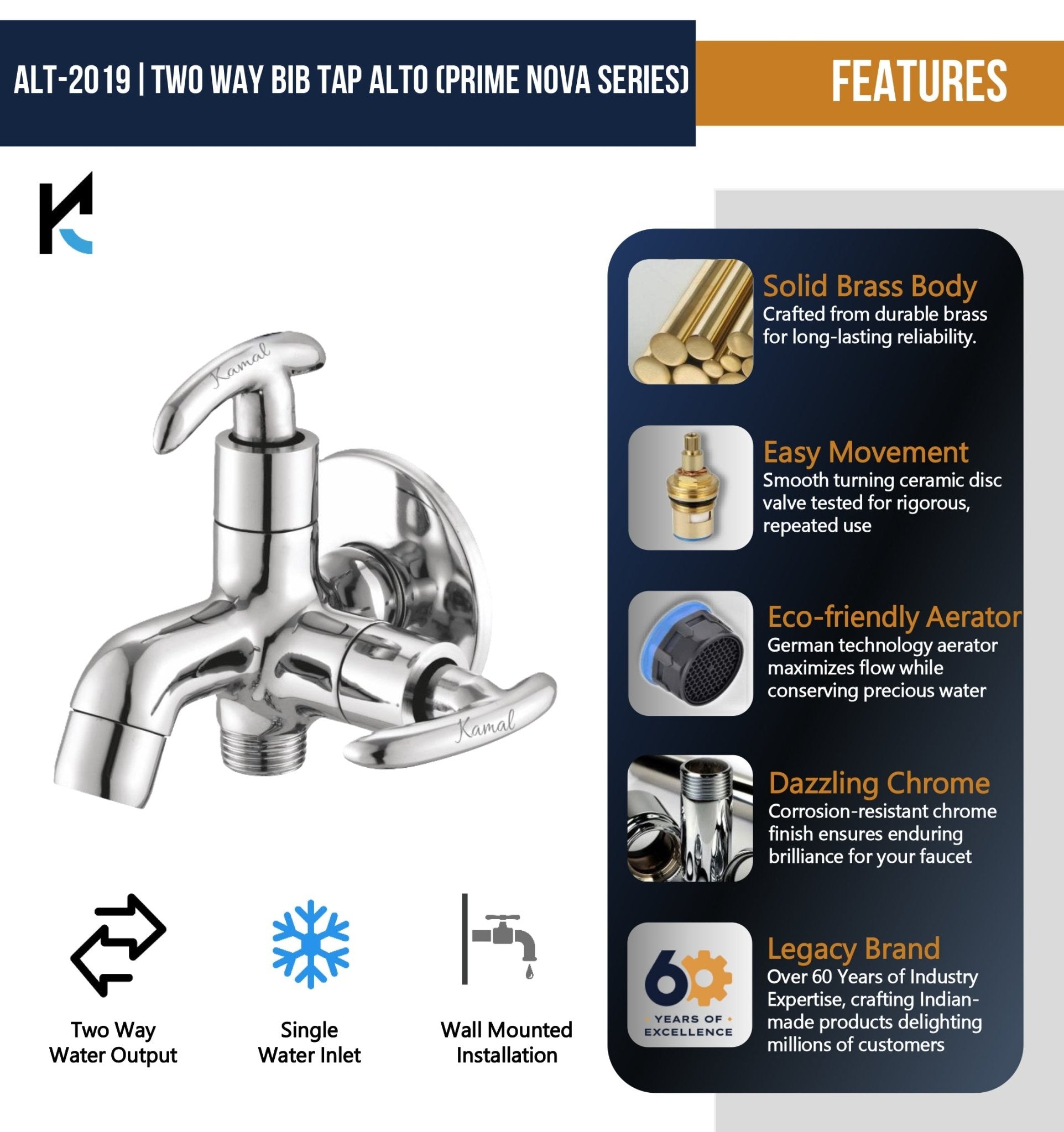 Alto Prime Nova Series Two Way Bib Tap (Full Brass) - by Kamal - Alto Prime Nova - Kamal Bathware