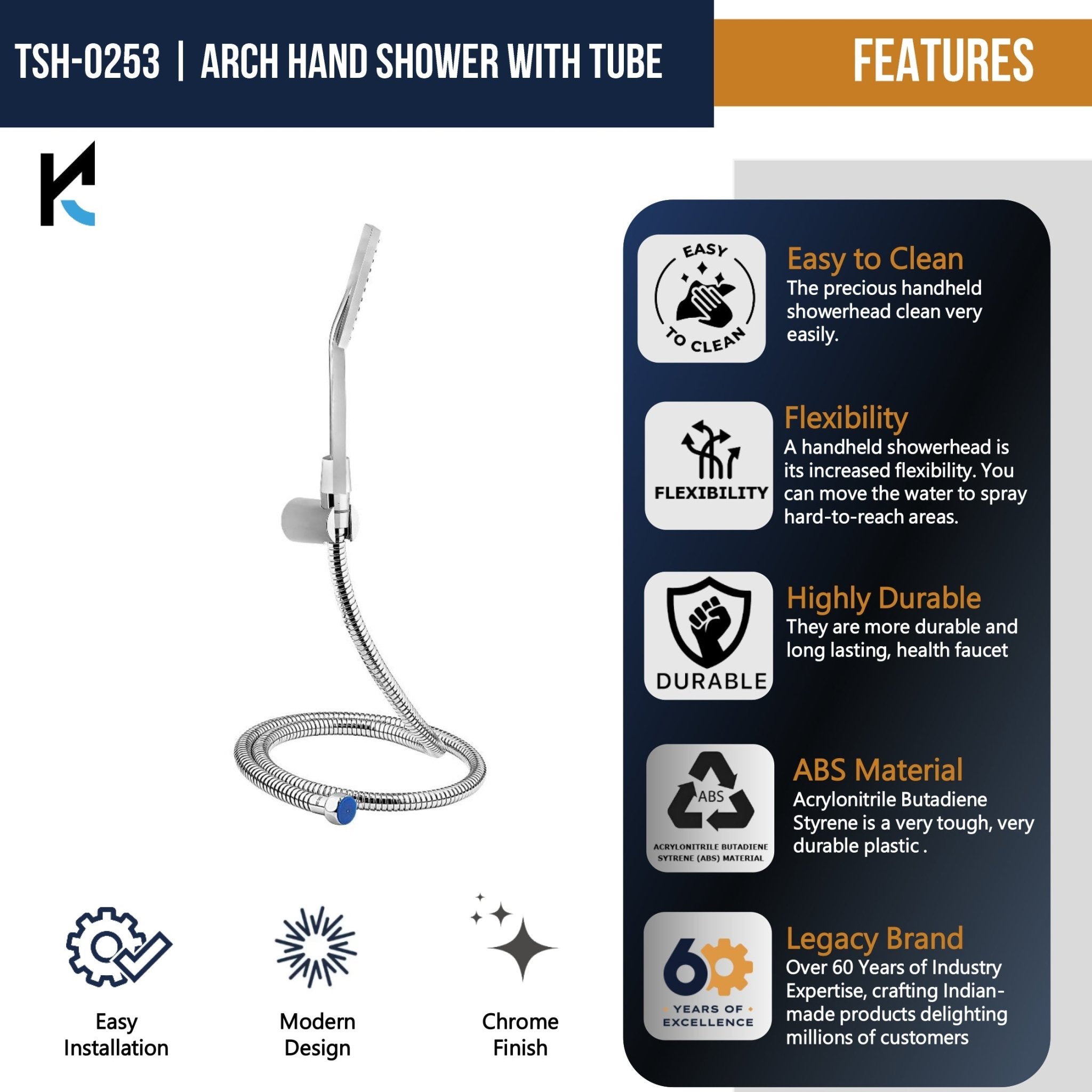 Arch Hand Rain Shower with ABS Shower Tube & Wall Hook (Silver, Chrome Finish) - by Kamal - Arch - Kamal Bathware