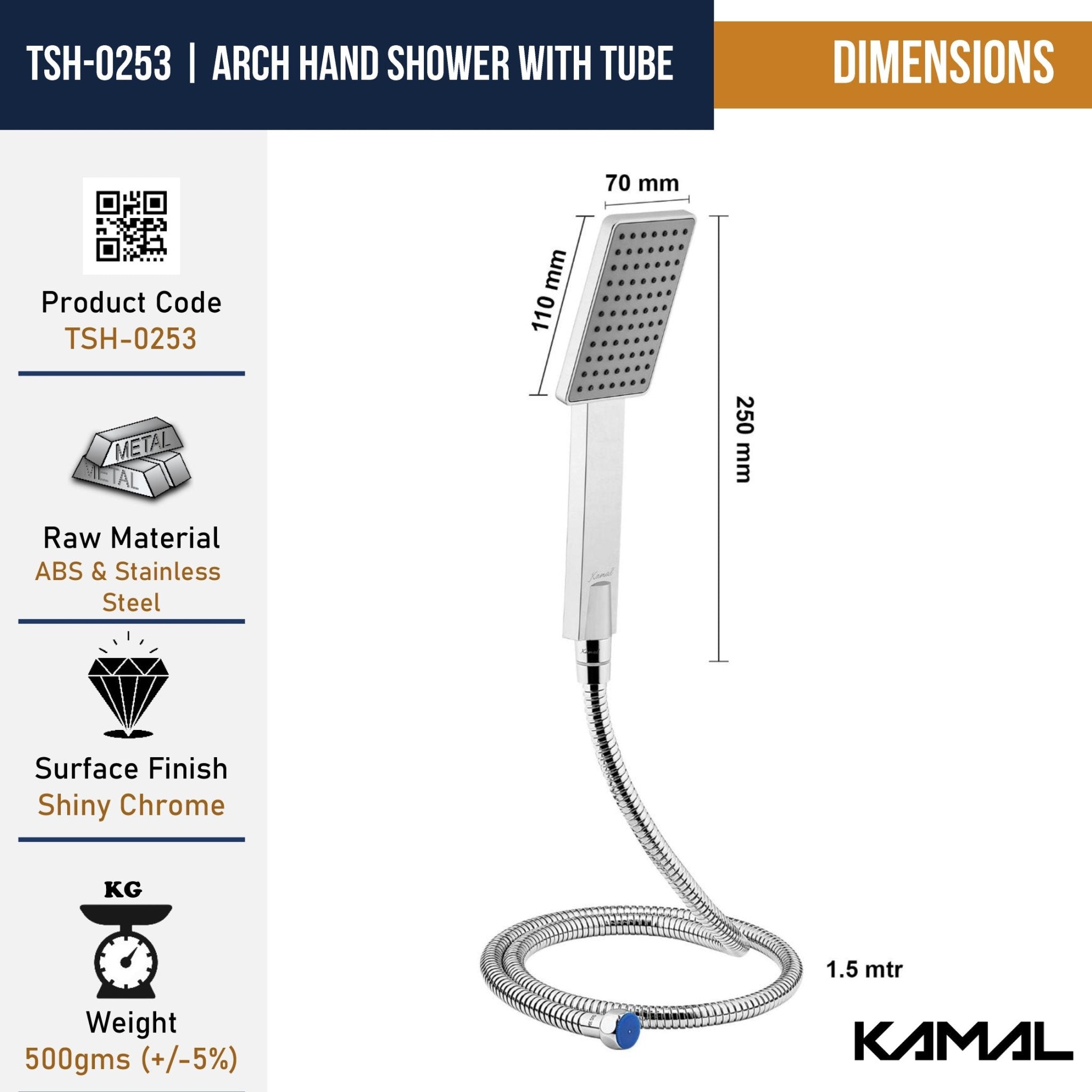 Arch Hand Rain Shower with ABS Shower Tube & Wall Hook (Silver, Chrome Finish) - by Kamal - Arch - Kamal Bathware