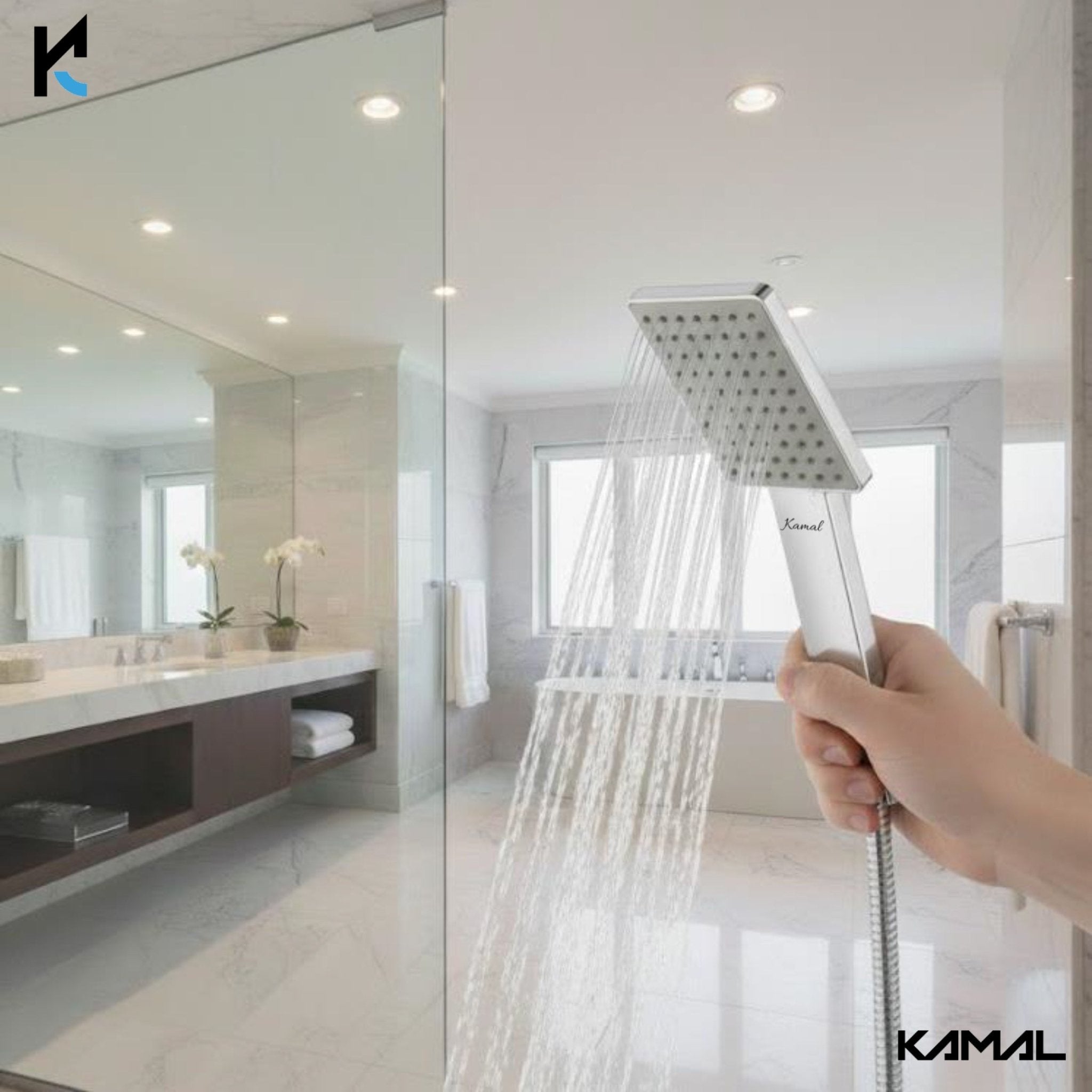 Arch Hand Rain Shower with ABS Shower Tube & Wall Hook (Silver, Chrome Finish) - by Kamal - Arch - Kamal Bathware