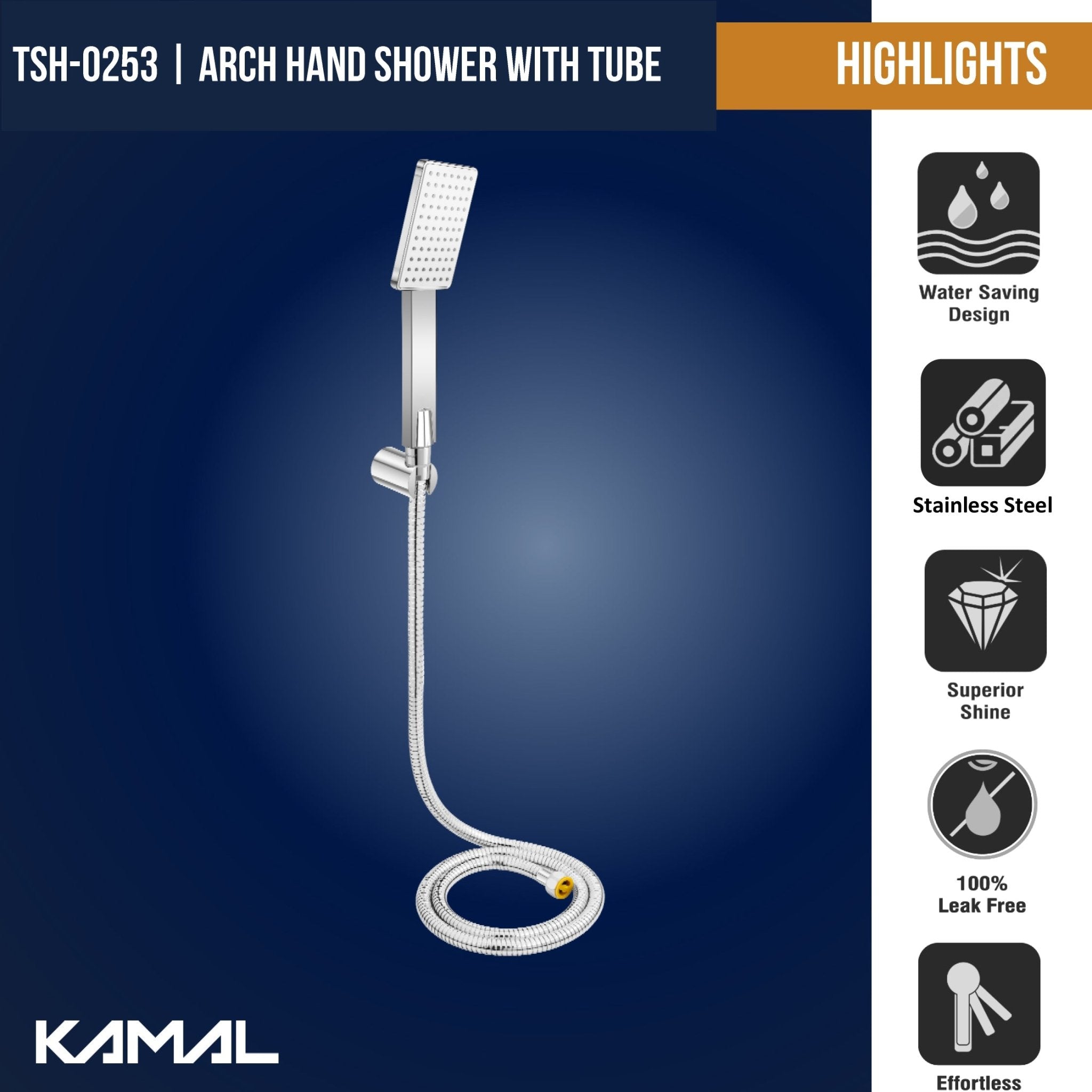 Arch Hand Rain Shower with ABS Shower Tube & Wall Hook (Silver, Chrome Finish) - by Kamal - Arch - Kamal Bathware