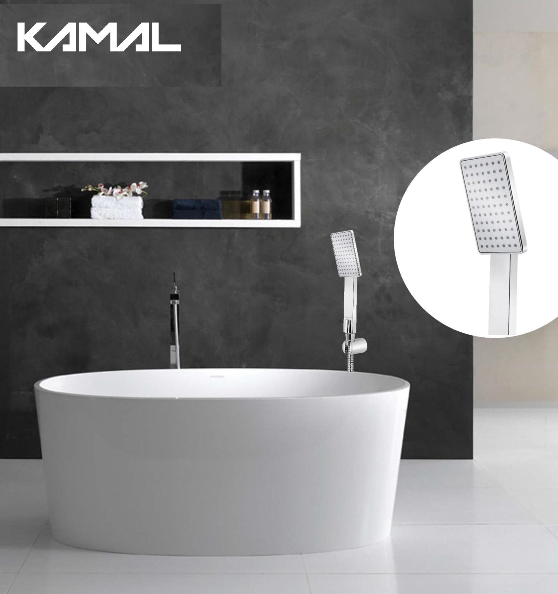 Arch Hand Rain Shower with ABS Shower Tube & Wall Hook (Silver, Chrome Finish) - by Kamal - Arch - Kamal Bathware