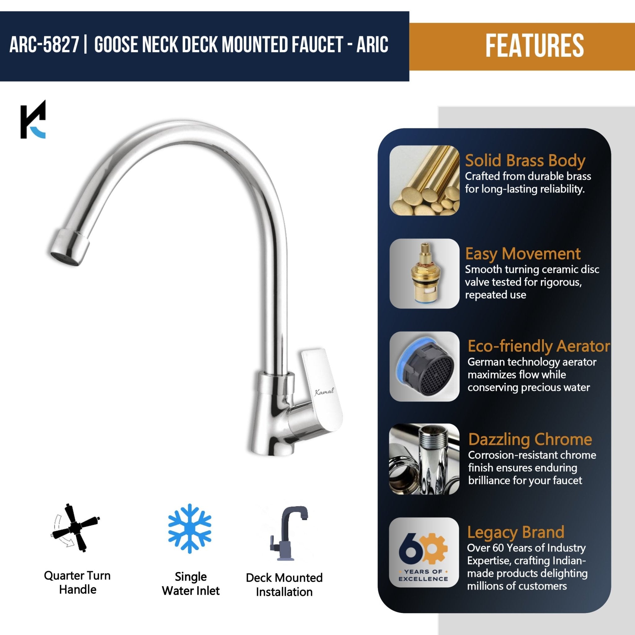 Aric C - Bend Spout Gosseneck Sink Faucet (Full Brass) - by Kamal - Aric - Kamal Bathware