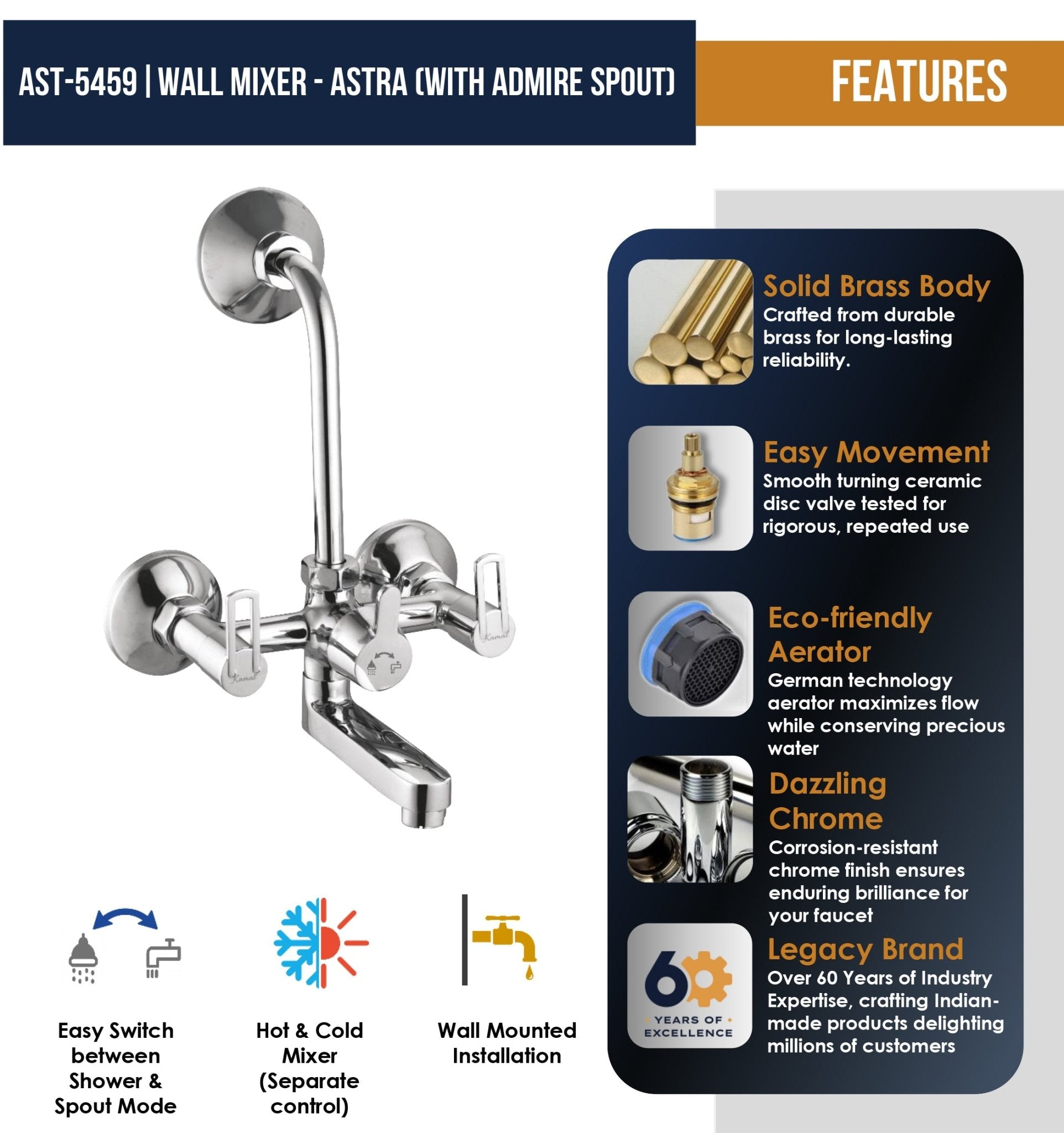 Astra Wall Mixer with L Bend Pipe Admire Spout (Full Brass) - by Kamal - Astra - Kamal Bathware