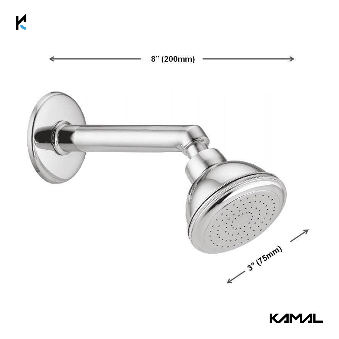 Bell Overhead Shower 3.5 Inch Round Brass with 6 Inch Heavy Brass Shower Arm & Wall Flange - by Kamal - Bell - Kamal Bathware