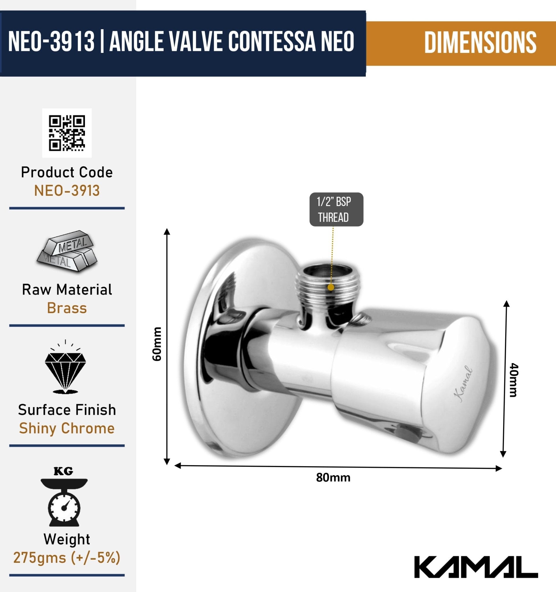 Contessa Neo Angle Valve (Full Brass) - by Kamal - Contessa Neo - Kamal Bathware