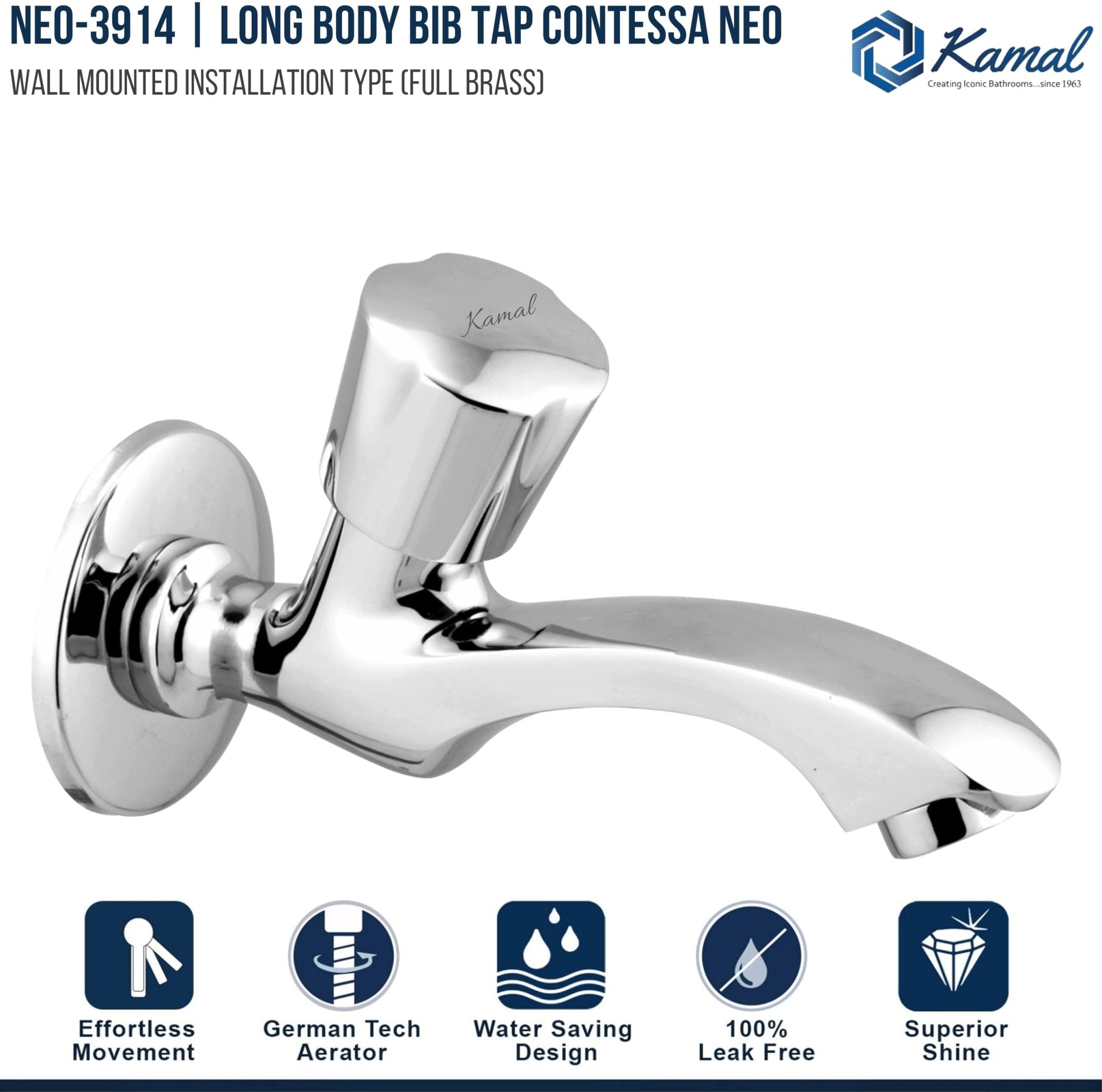 Contessa Neo Long Body Bib Tap (Full Brass) - by Kamal - Contessa Neo - Kamal Bathware
