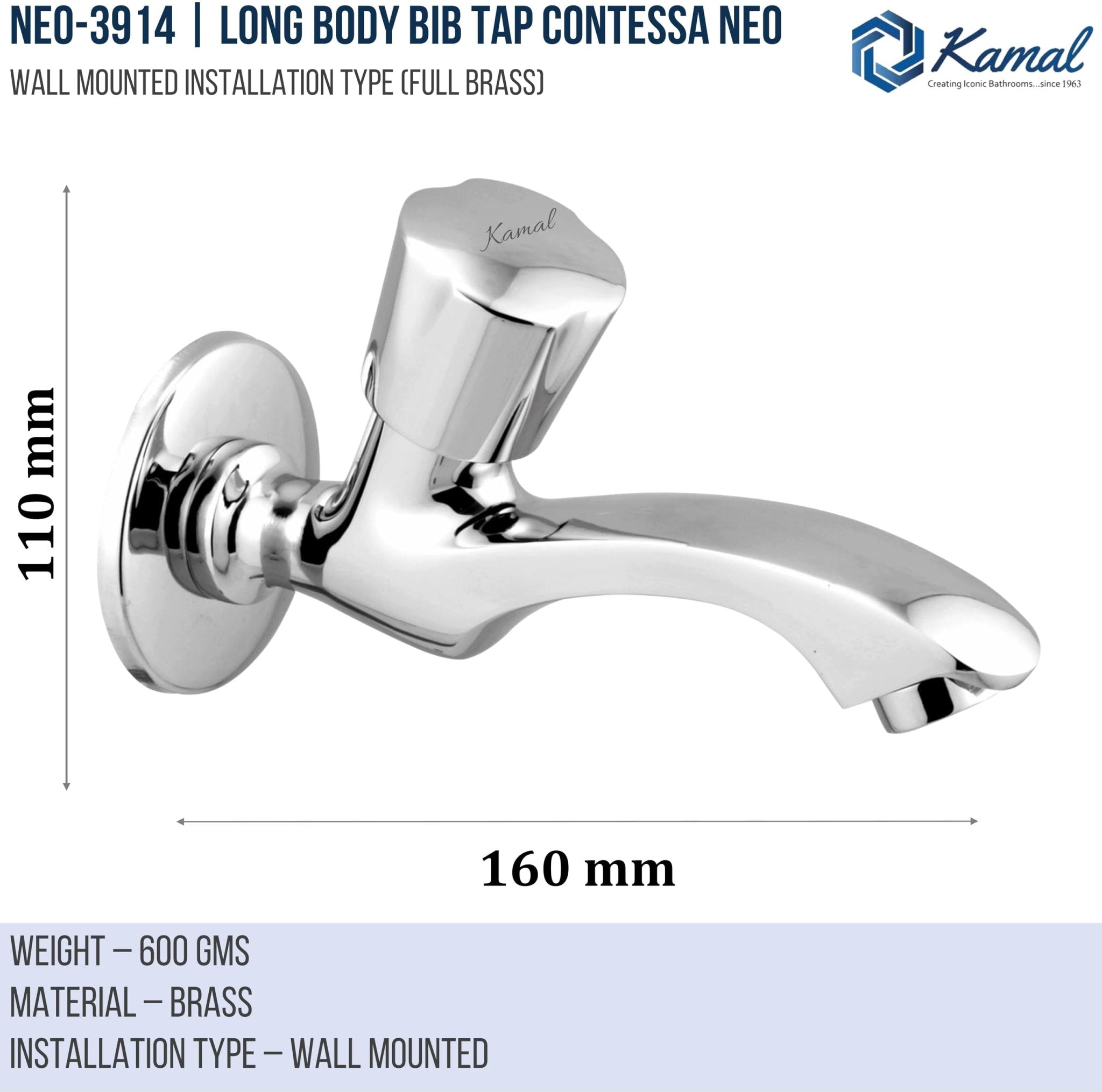 Contessa Neo Long Body Bib Tap (Full Brass) - by Kamal - Contessa Neo - Kamal Bathware