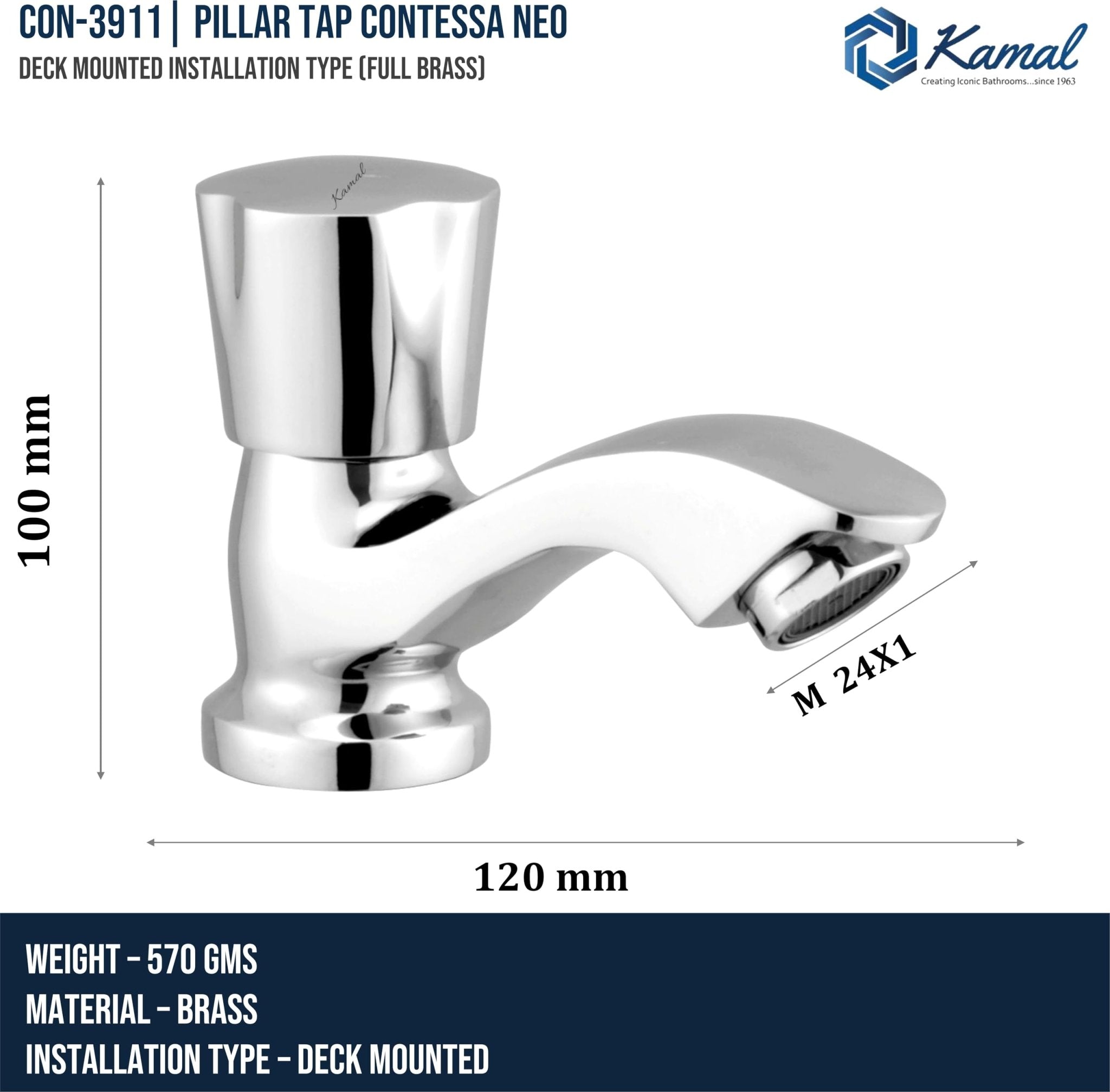 Contessa Neo Pillar Tap (Full Brass) - by Kamal - Contessa Neo - Kamal Bathware