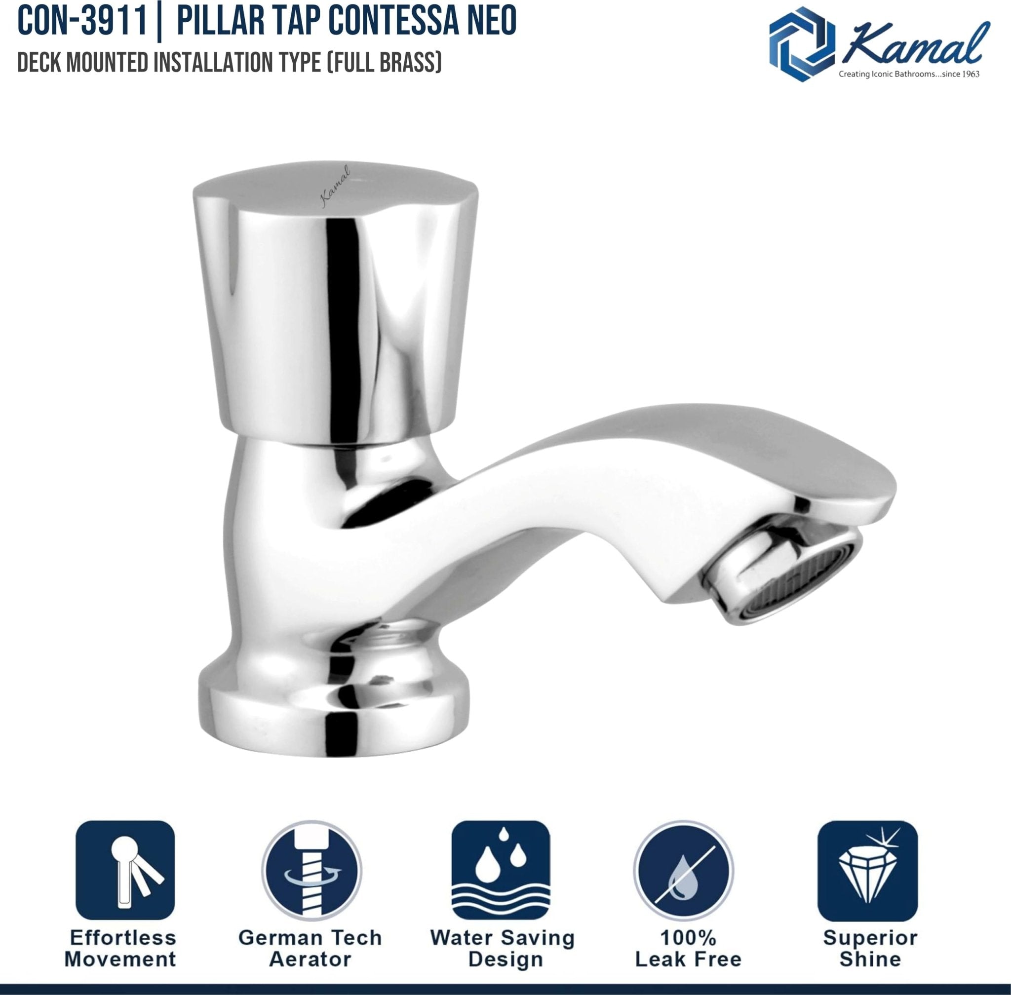 Contessa Neo Pillar Tap (Full Brass) - by Kamal - Contessa Neo - Kamal Bathware