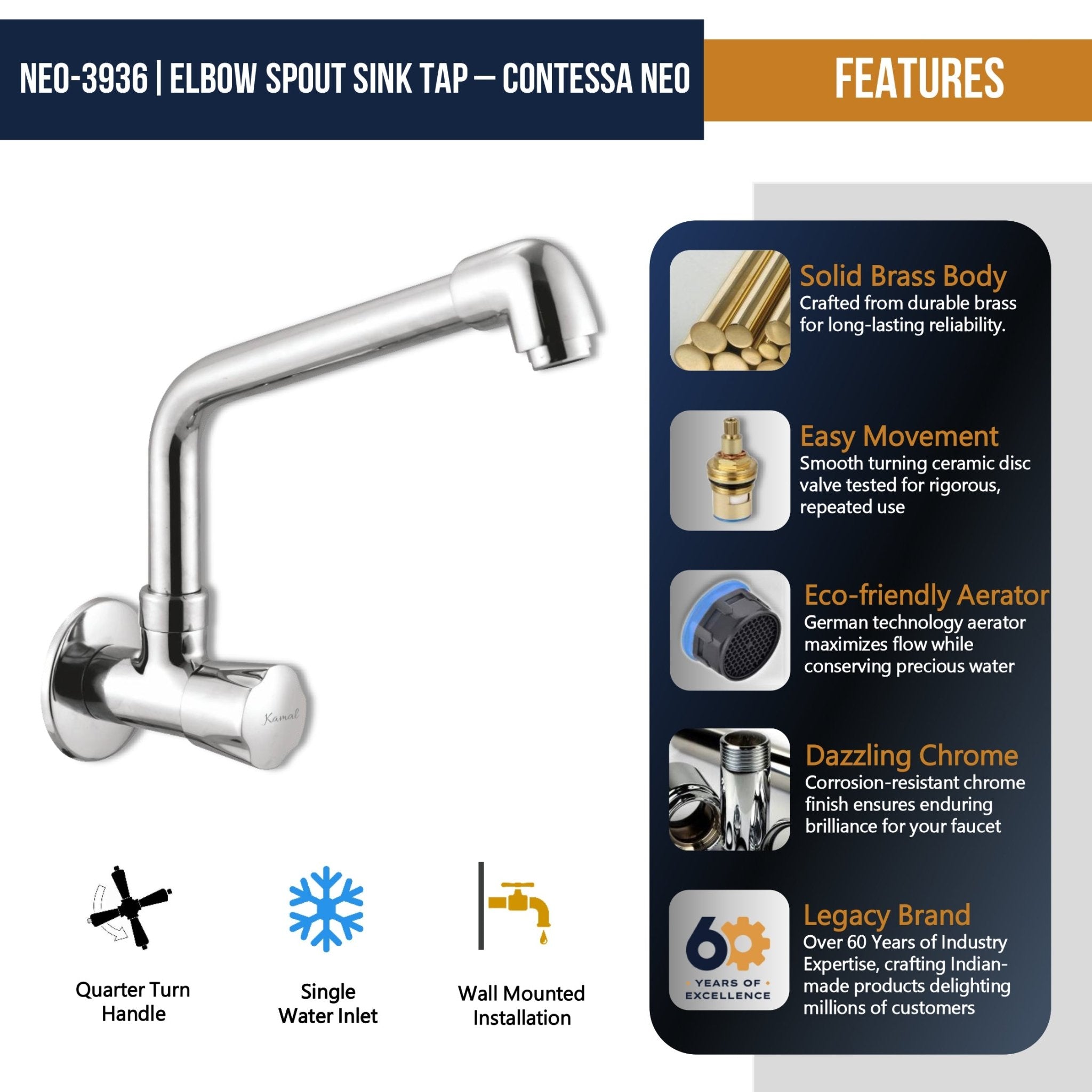 Contessa Neo Sink Tap Elbow Spout (Full Brass) - by Kamal - Contessa Neo - Kamal Bathware