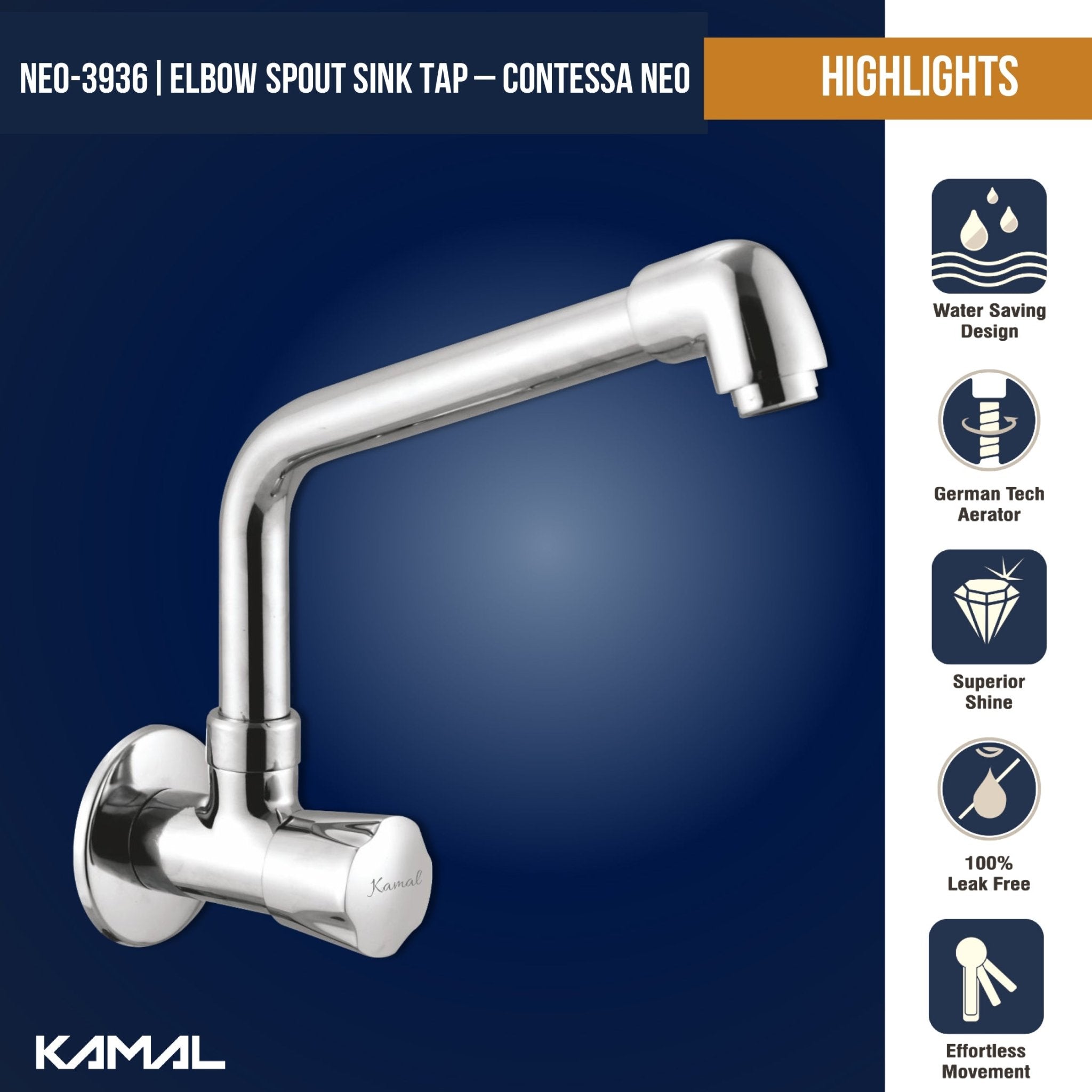 Contessa Neo Sink Tap Elbow Spout (Full Brass) - by Kamal - Contessa Neo - Kamal Bathware