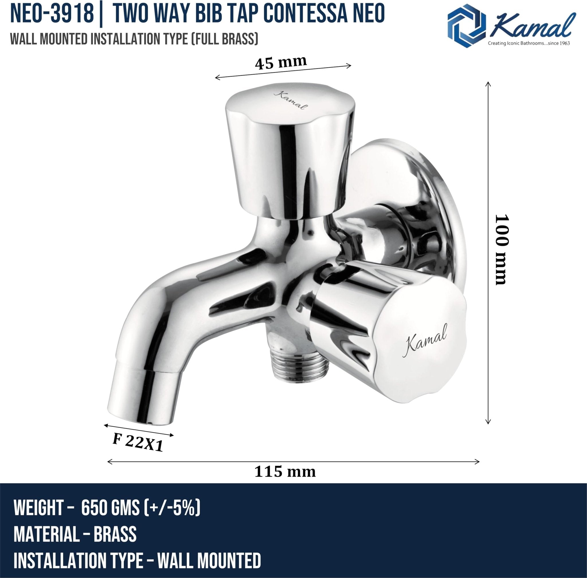 Contessa Neo Two Way Bib Tap (Full Brass) - by kamal - Contessa Neo - Kamal Bathware
