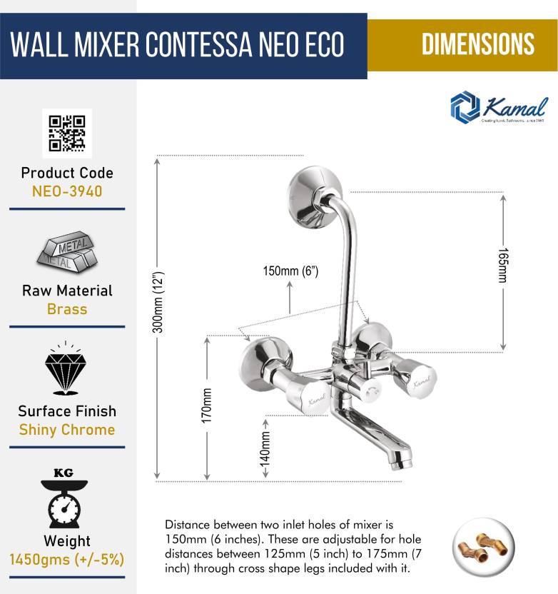 Contessa Neo Wall Mixer with L Bend Pipe (Full Brass) - by Kamal - Contessa Neo Eco - Kamal Bathware