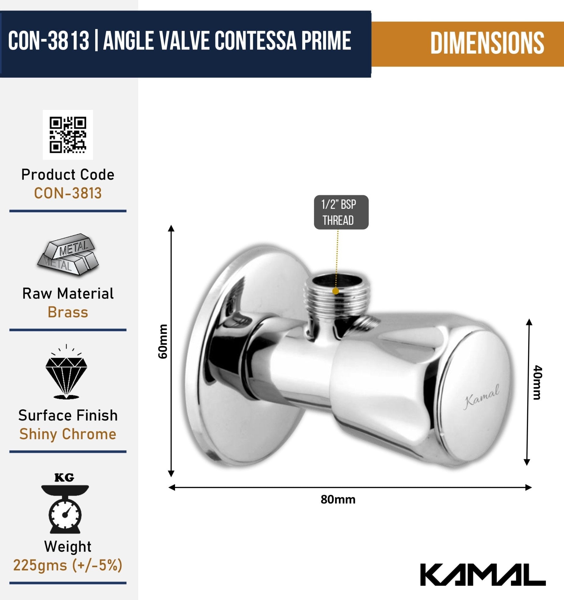 Contessa Prime Angle Valve (Full Brass) - by Kamal - Kamal Bathware
